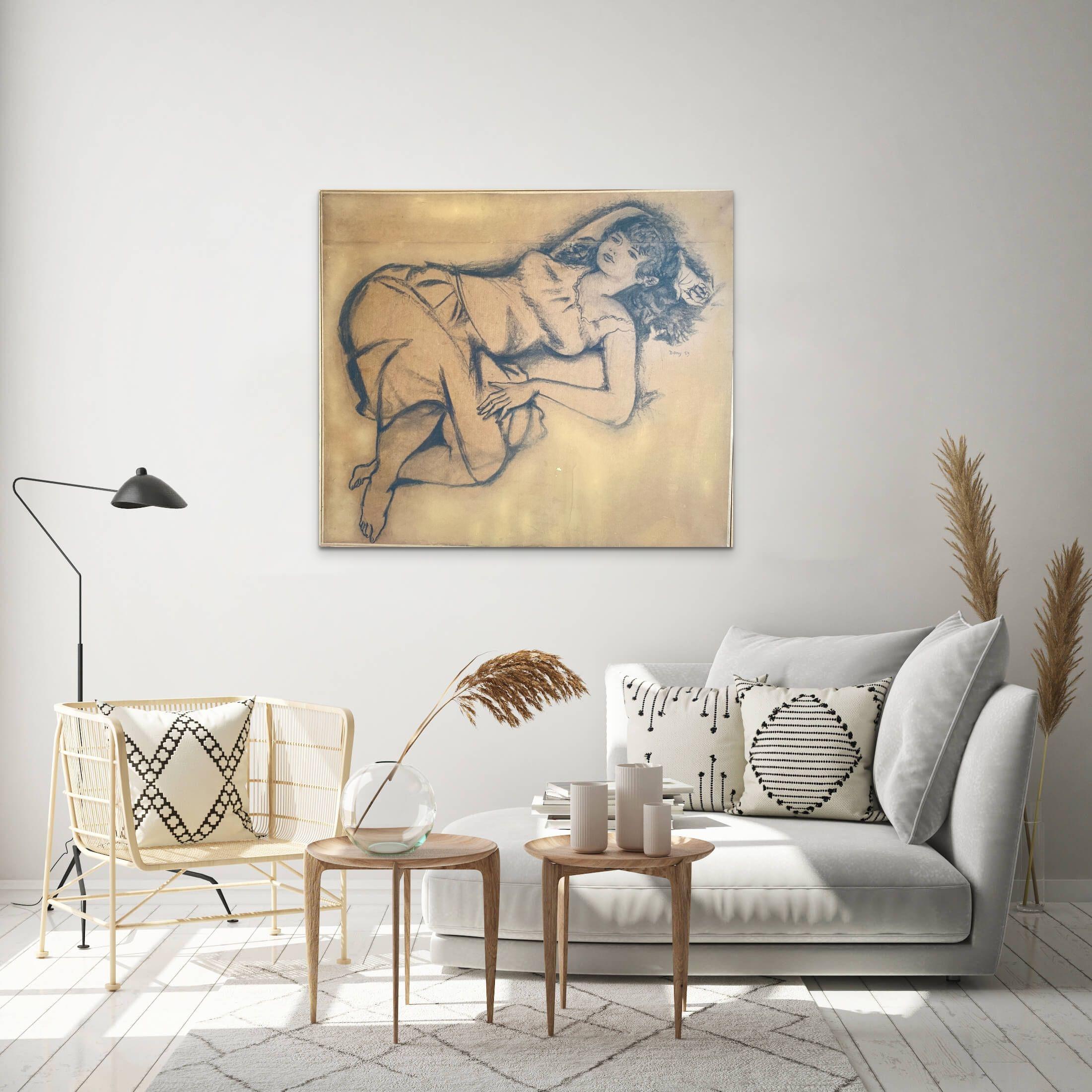 Summer Siesta 1959 New Wave period large drawing relaxed young woman daydreaming For Sale 1