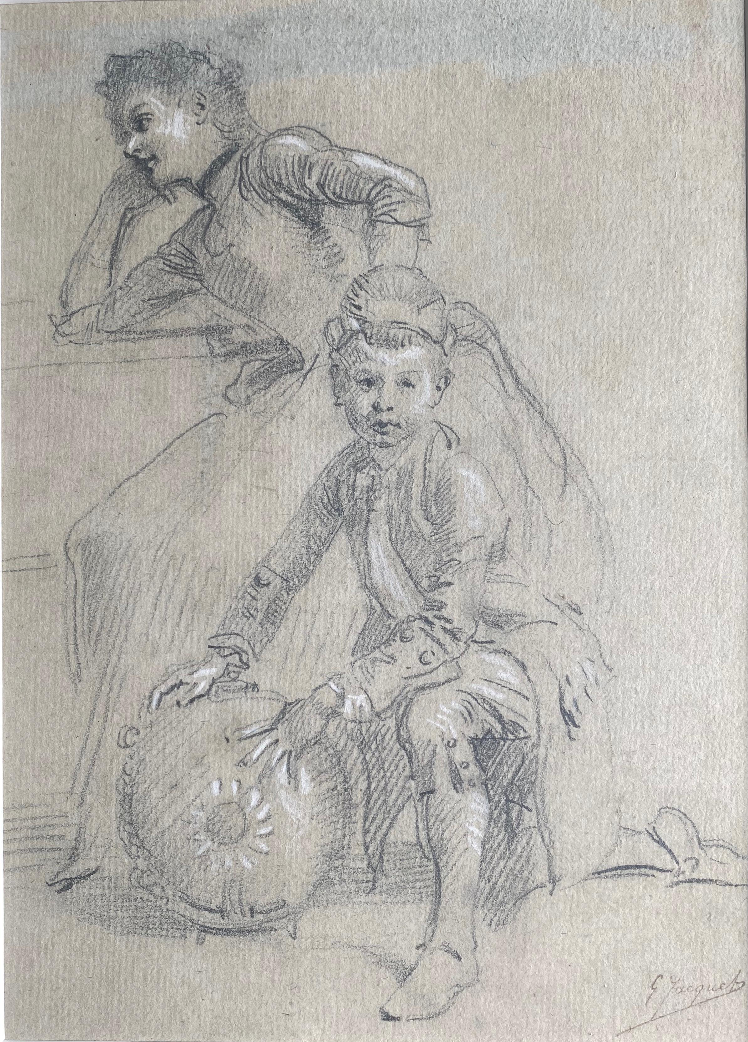 Femme en pensée et Child & Child : le page boy intriguant Dessin de maître du 19e siècle - Art de Gustave Jean Jacquet