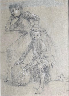 Femme en pensée et Child & Child : le page boy intriguant Dessin de maître du 19e siècle