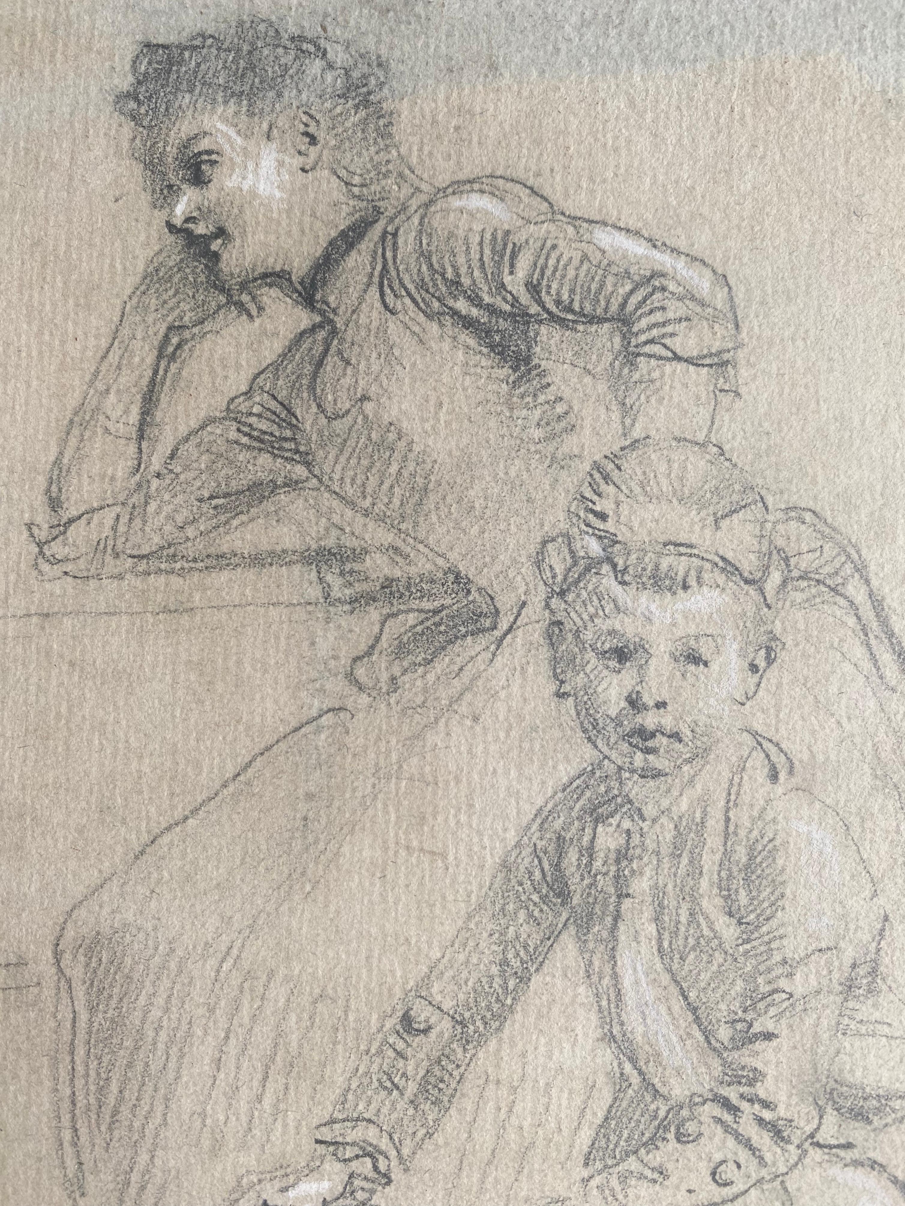 Femme en pensée et Child & Child : le page boy intriguant Dessin de maître du 19e siècle - École française Art par Gustave Jean Jacquet