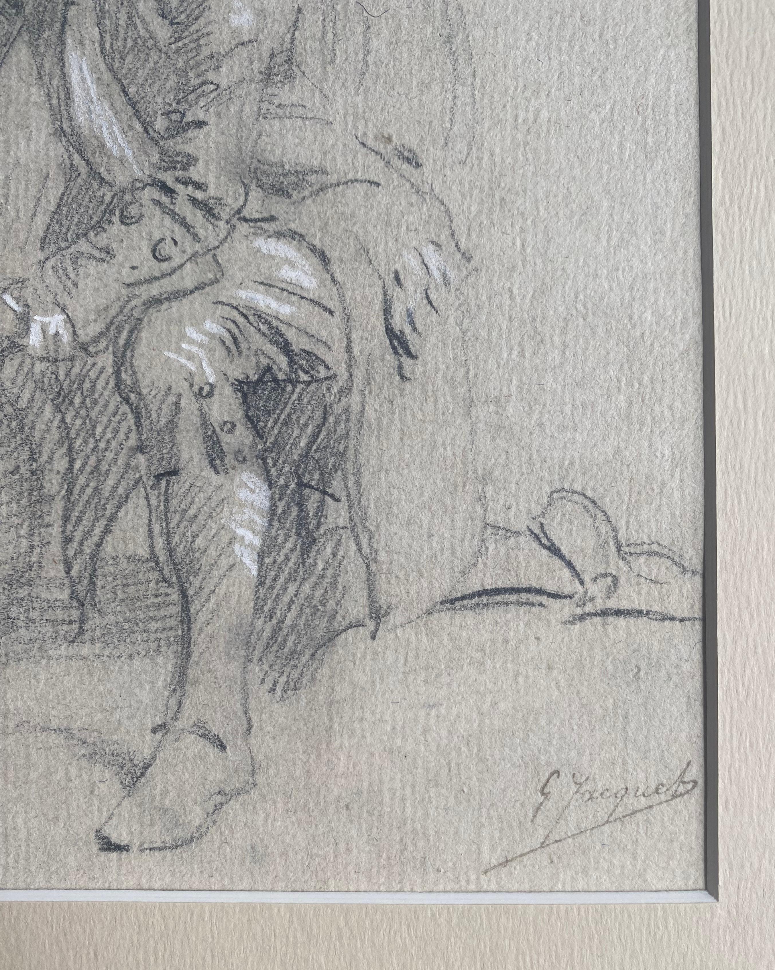 Une esquisse virtuose au fusain du maître français du XIXe siècle Gustave Jean Jacquet.  (1846-1904). Il représente une femme réfléchie  (ou femme en pensée ?), le visage appuyé sur sa main, et un jeune enfant en costume de page. Il y a sûrement une