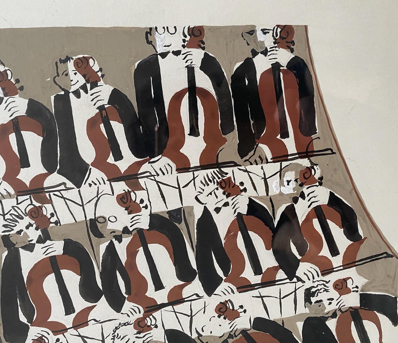 Orchestra seats: the performance, string instrument music, dynamic woman artist - Gray Figurative Art by Caro Niederer