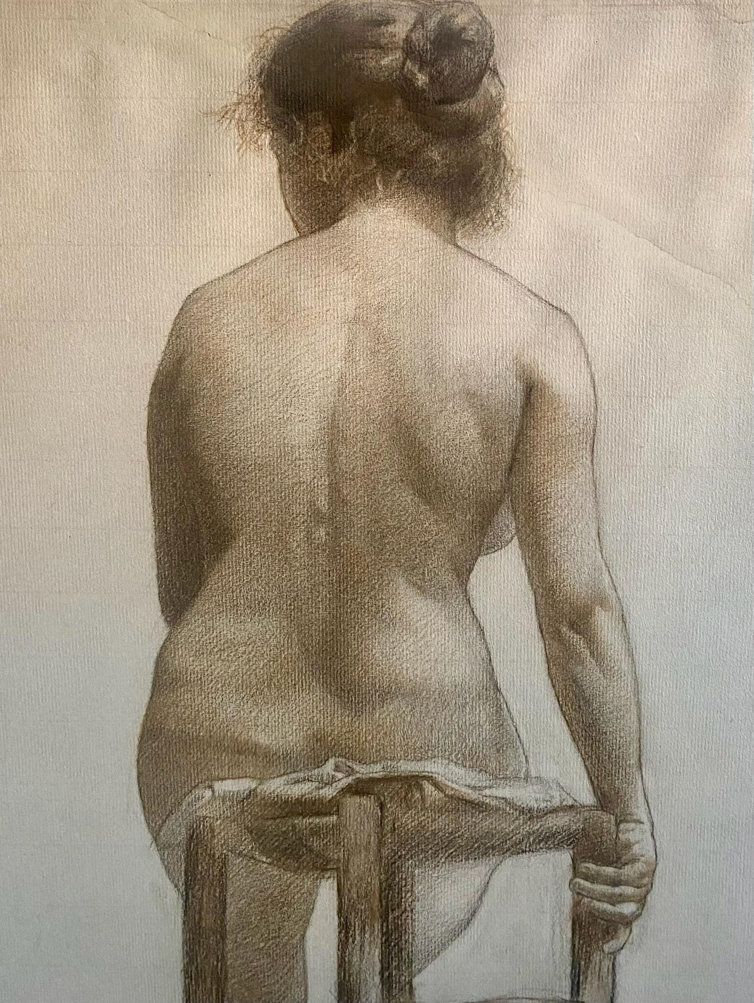 Modelo del Artista, Desnudo Femenino Sentado, Joven Misteriosa Vista desde Atrás - Figurative Art Beige de René Marie Leon Devillario