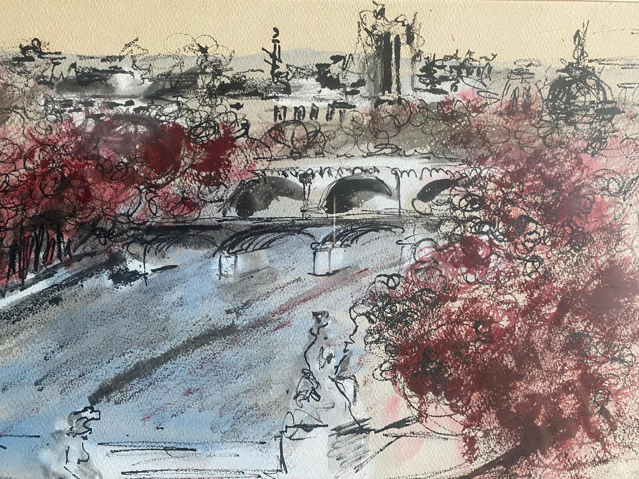 Mid-Century Modern Paris: A View of the Seine - Gray Landscape Art by Fred Conway