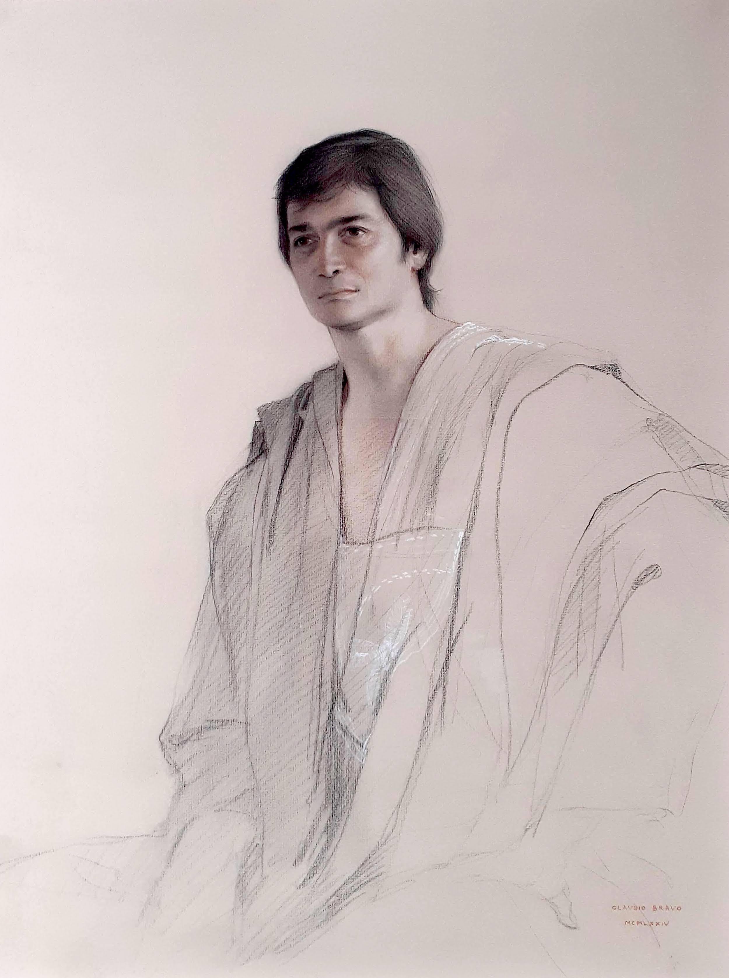 Giovane uomo in un  toga uomo elegante latino-americano stile iperrealista Hockney - Art di Claudio Bravo