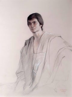 Young man in a  toga elegant man Latin American hyperrealist Hockney style