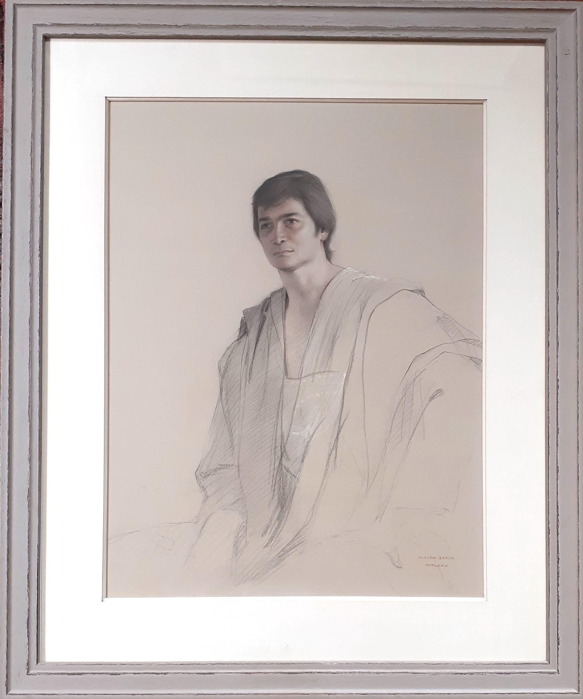 Claudio Bravo Figurative Art – Ein junger Mann in einem  toga eleganter Mann Lateinamerikanischer hyperrealistischer Hockney-Stil