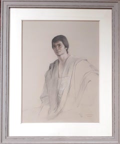 Young man in a  toga elegant man Latin American hyperrealist Hockney style