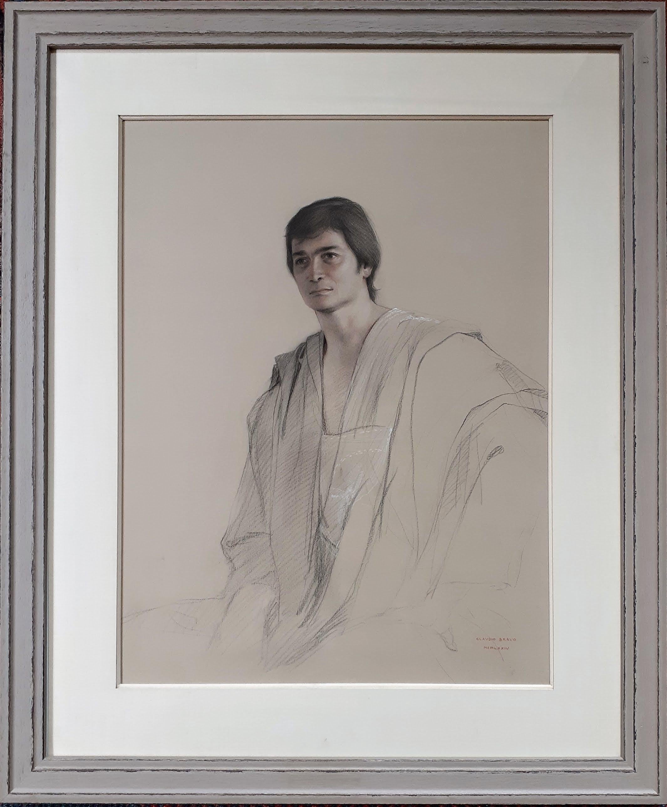 Giovane uomo in un  toga uomo elegante latino-americano stile iperrealista Hockney - Art Moderno di Claudio Bravo