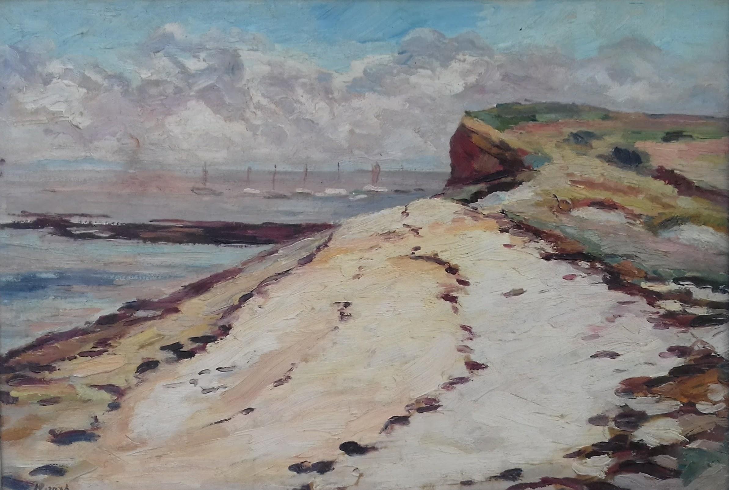 Landscape Painting Louis Auguste Girard - Peinture à l'huile impressionniste - Paysage aquatique:: mer et bateaux:: sud de la France