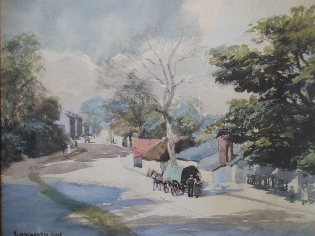 Scène de village en Cornouailles, Angleterre - 19e siècle, dessin de paysage impressionniste 