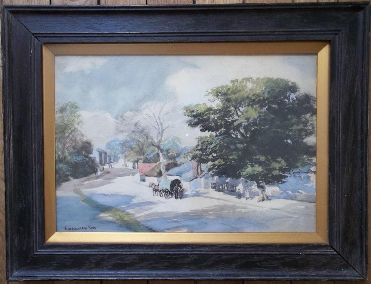 Dorfszene, Cornwall England – 19. Jahrhundert, impressionistische Landschaftszeichnung – Art von John Baragwanath KING
