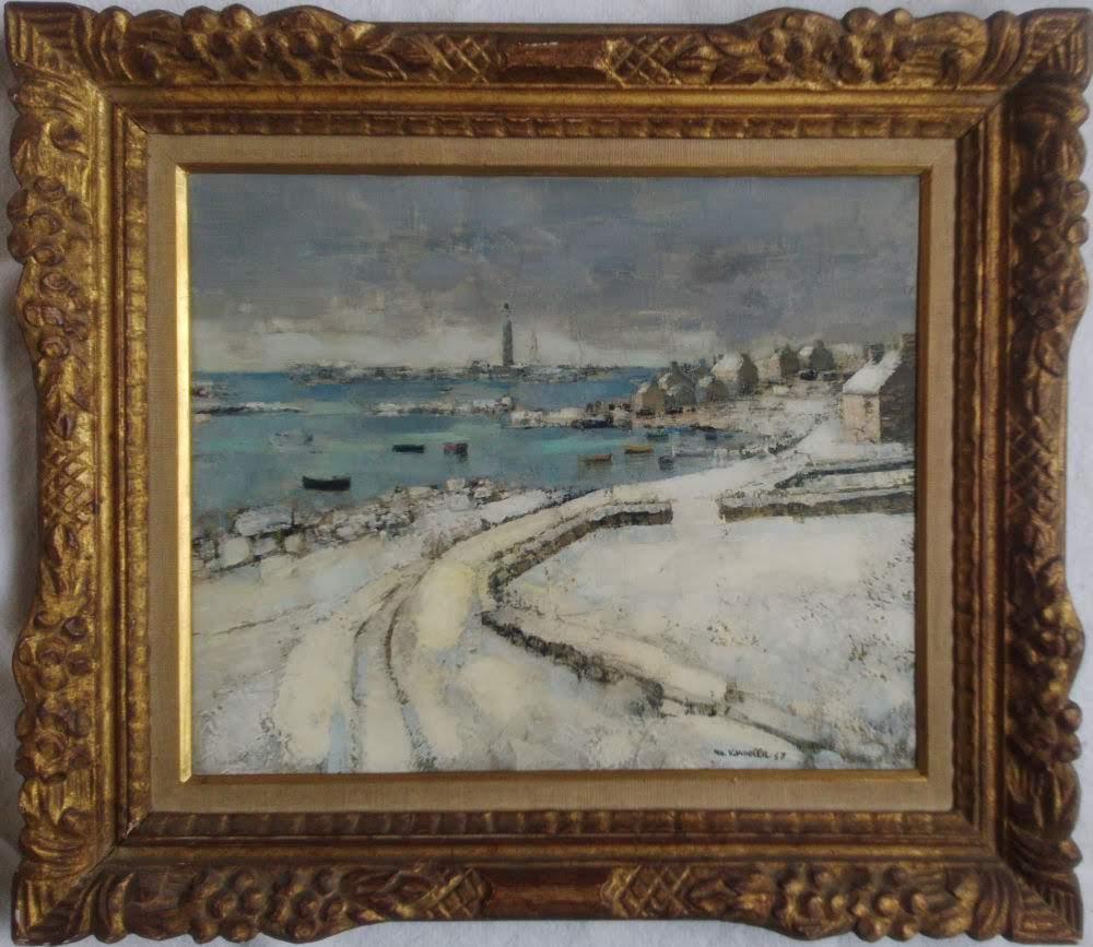 Winter in Brittany, France, Seaside snow, French Post Impressionist ex Petrides - Painting by Marcel Kervella