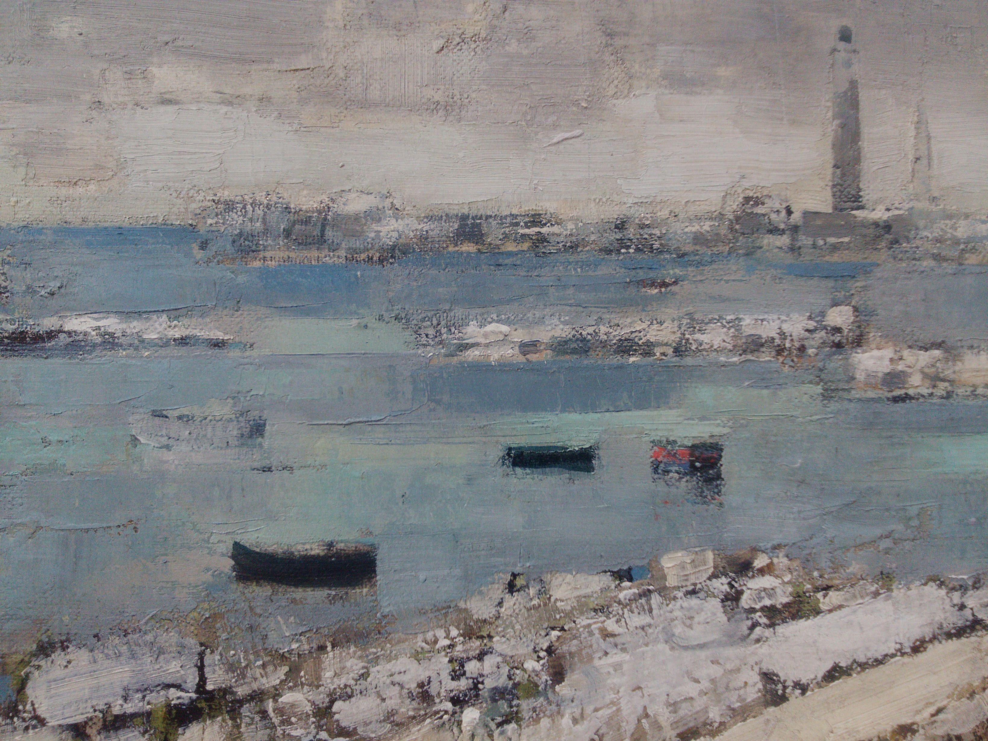 L'hiver en Bretagne:: France:: neige en bord de mer:: de l'exposition d'artistes post-impressionnistes français Petrides - Gris Landscape Painting par Marcel Kervella