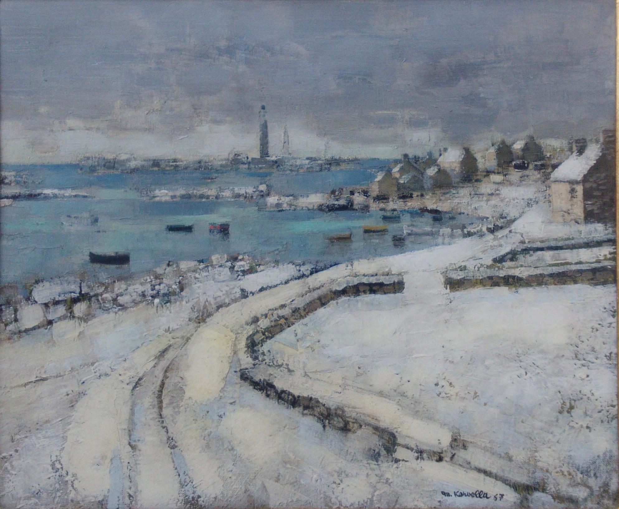 Winter in Brittany, France, Seaside snow, French Post Impressionist ex Petrides 1
