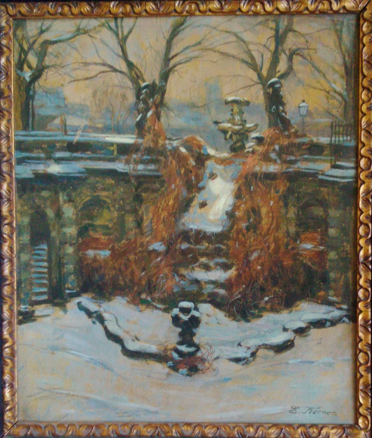 Snow In The Park, Dresden Palace, German 19th Century Impressionist  - Gray Landscape Painting by Edmund Korner