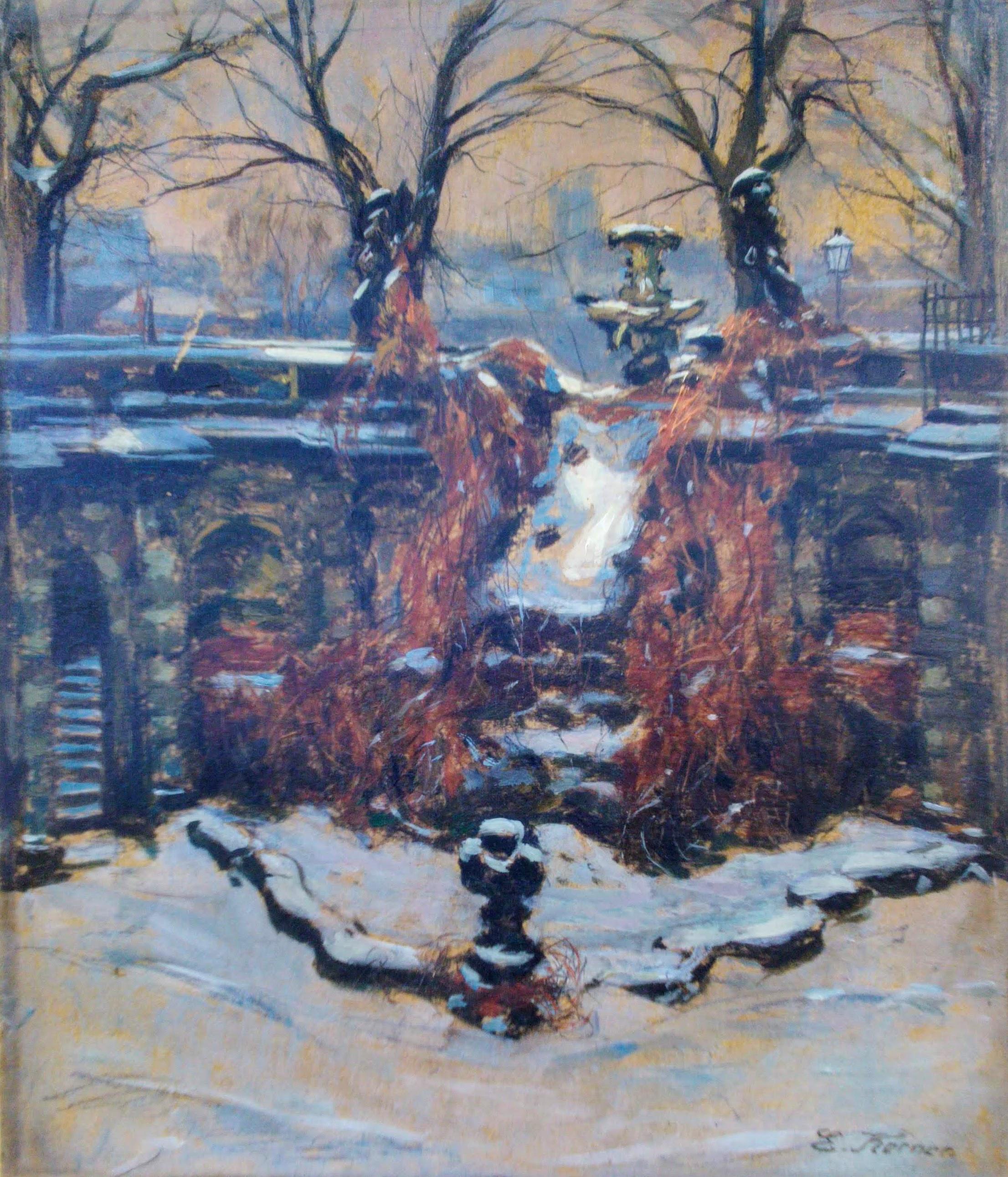 Edmund Korner Landscape Painting - Snow In The Park, Dresden Palace, German 19th Century Impressionist 