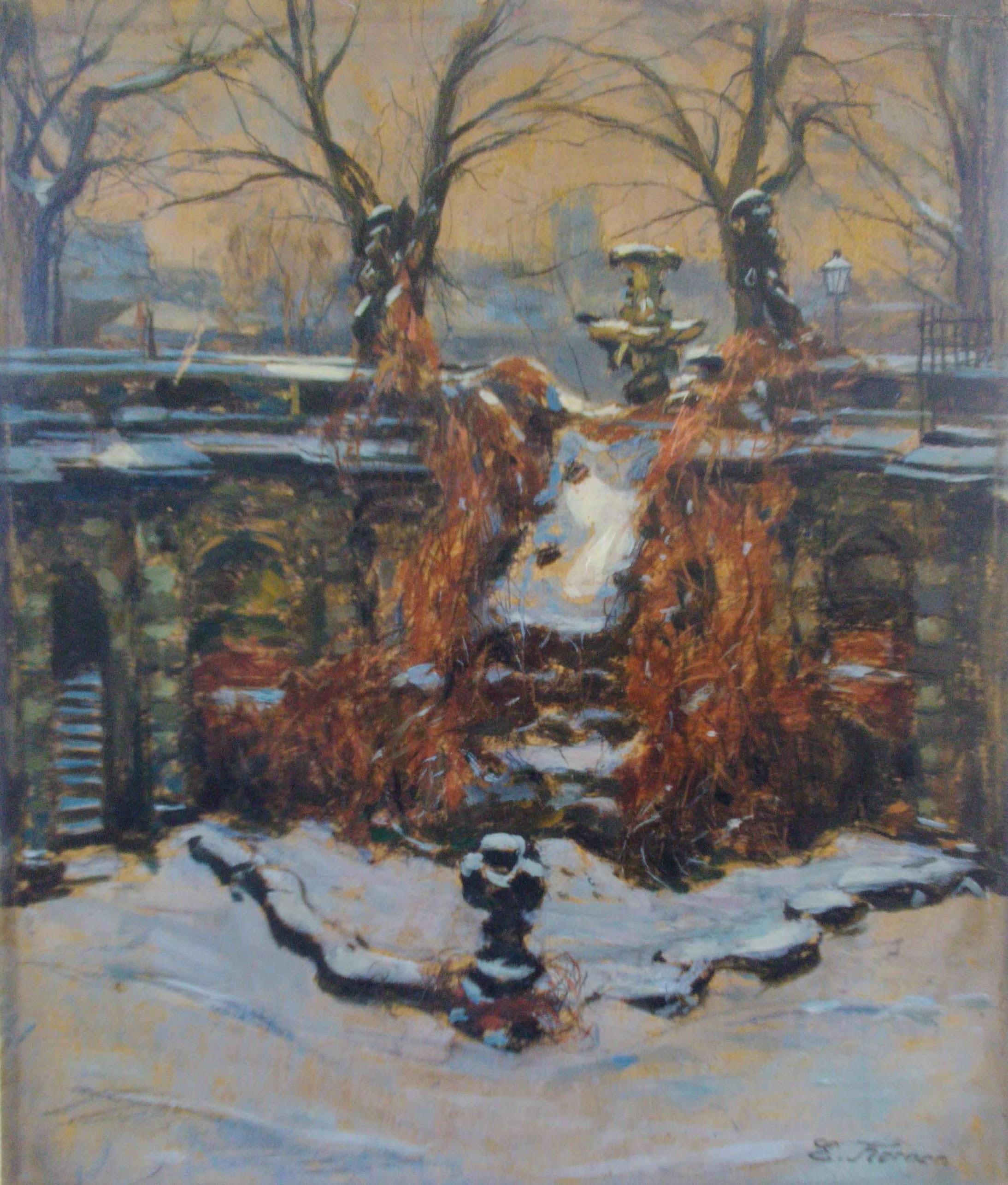 The Palace gardens in the Snow, by Dresden Impressionist Edmund Körner (1873 -1930). 
Körner was the master student of Gotthart Kuehl, and is renowned for the way in which he handles colours. His palette for
this wintery view of a park is both