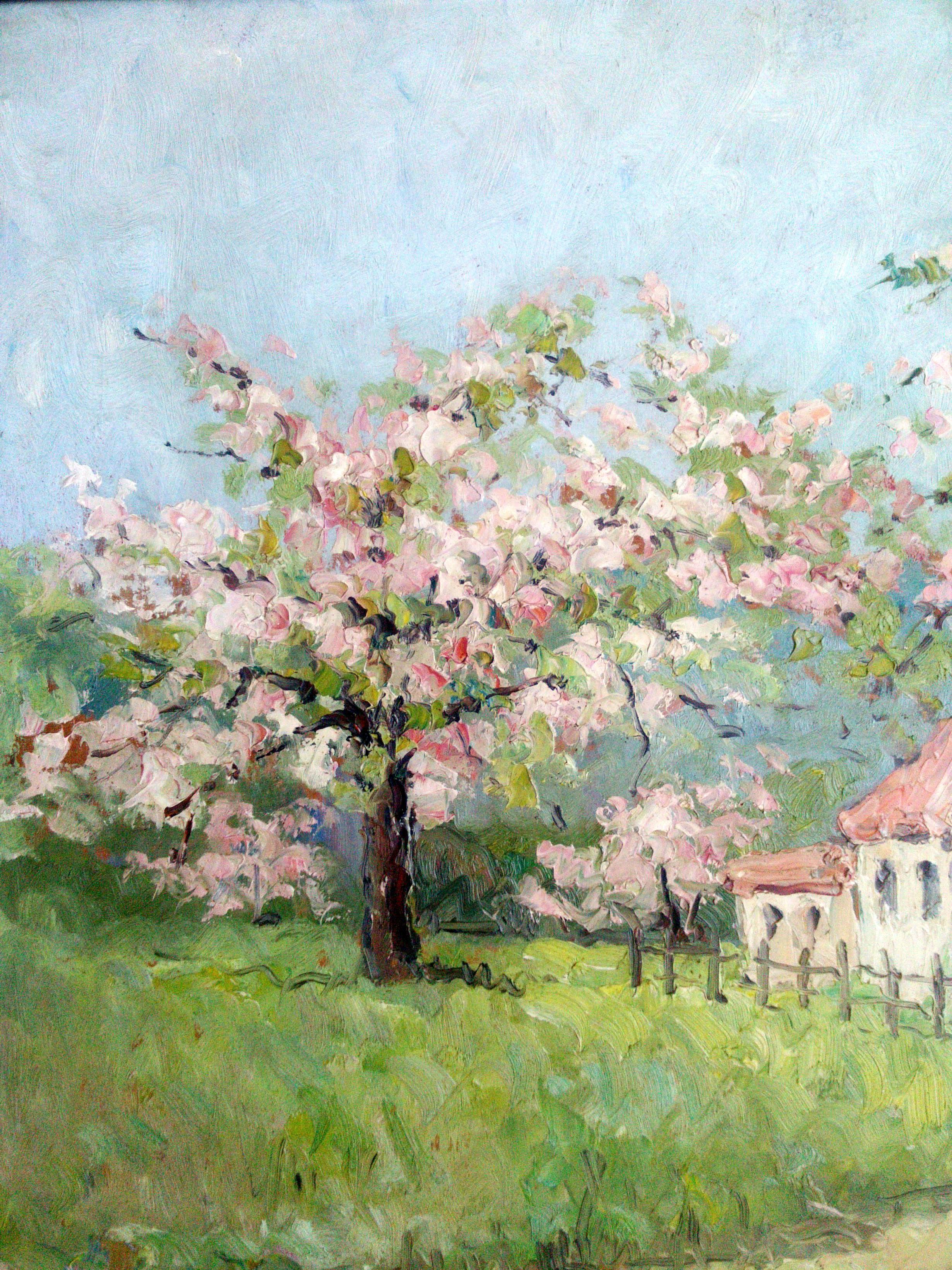 Apple Blossoms Trees in Bloom:: antikes:: rustikales Bauernhaus in der französischen Normandie:: Öl (Impressionismus), Painting, von René Georges Sautereau