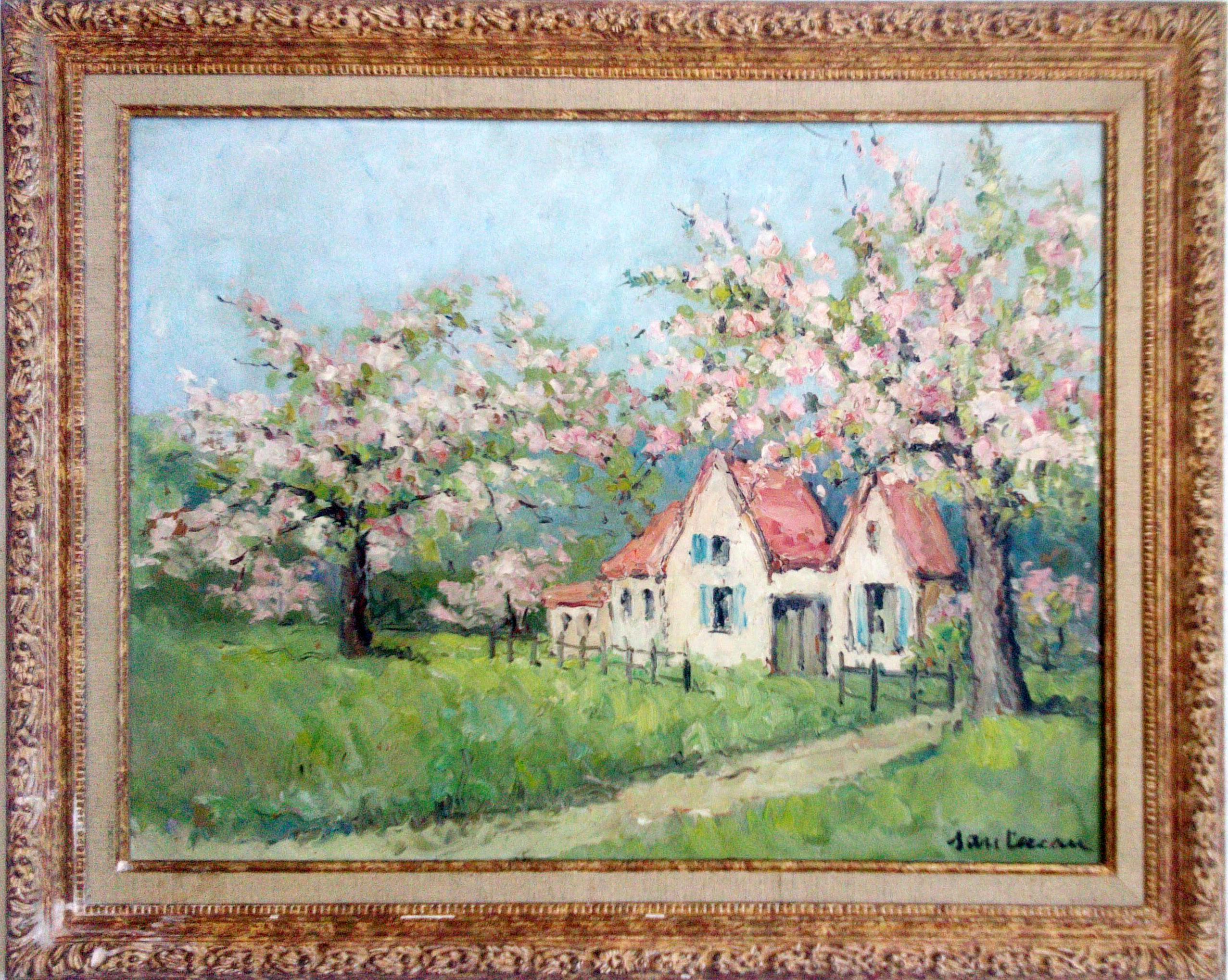 Apple Blossoms Trees in Bloom:: antikes:: rustikales Bauernhaus in der französischen Normandie:: Öl – Painting von René Georges Sautereau