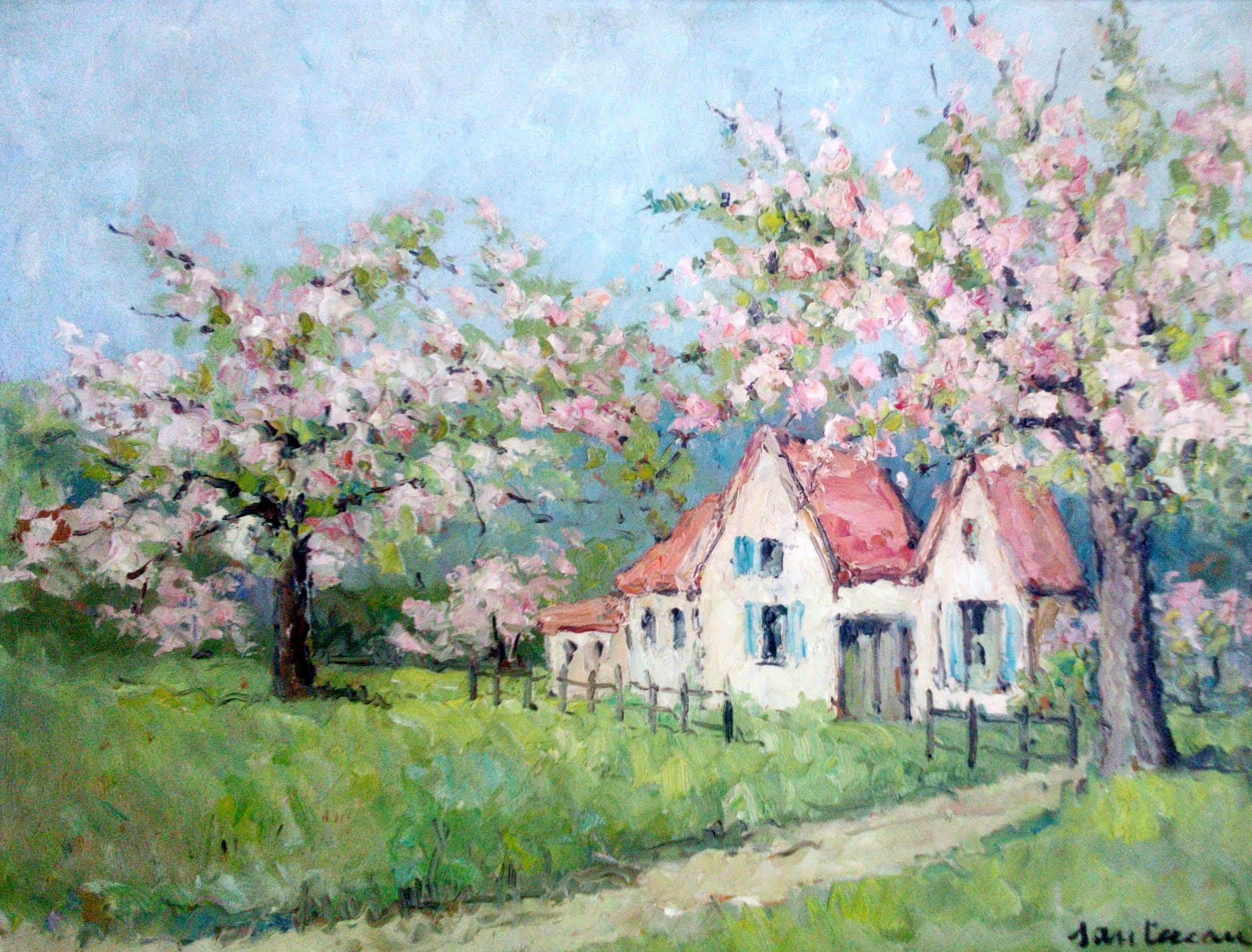 René Georges Sautereau Figurative Painting – Apple Blossoms Trees in Bloom:: antikes:: rustikales Bauernhaus in der französischen Normandie:: Öl