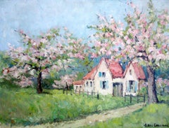 Apple Blossoms Trees in Bloom, antique French Normandy rustic farmhouse oil