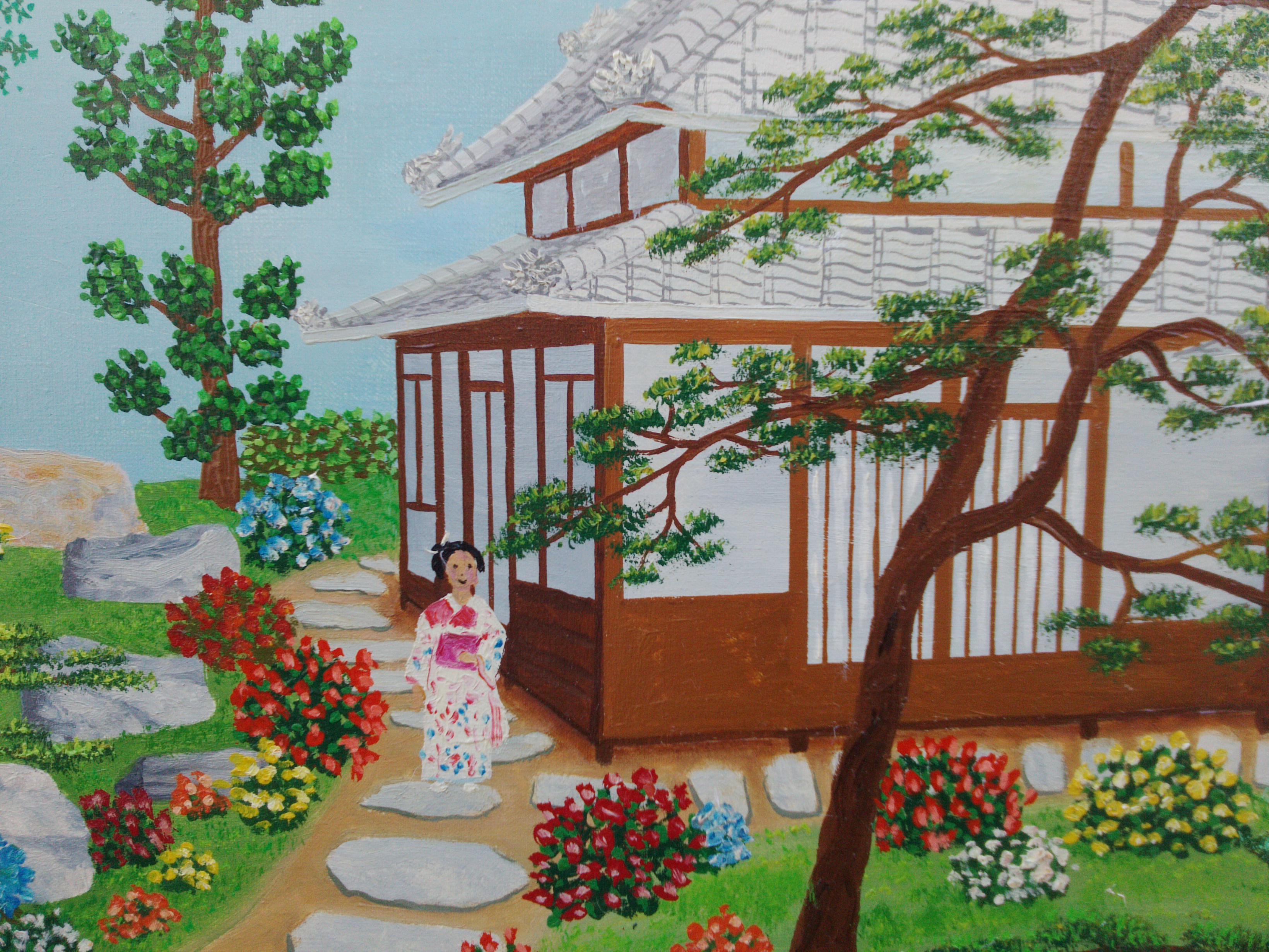 Jardin japonais du Japon par un artiste primitif autochtones outsider français, 1975 - Outsider Art Painting par Maurice Loirand