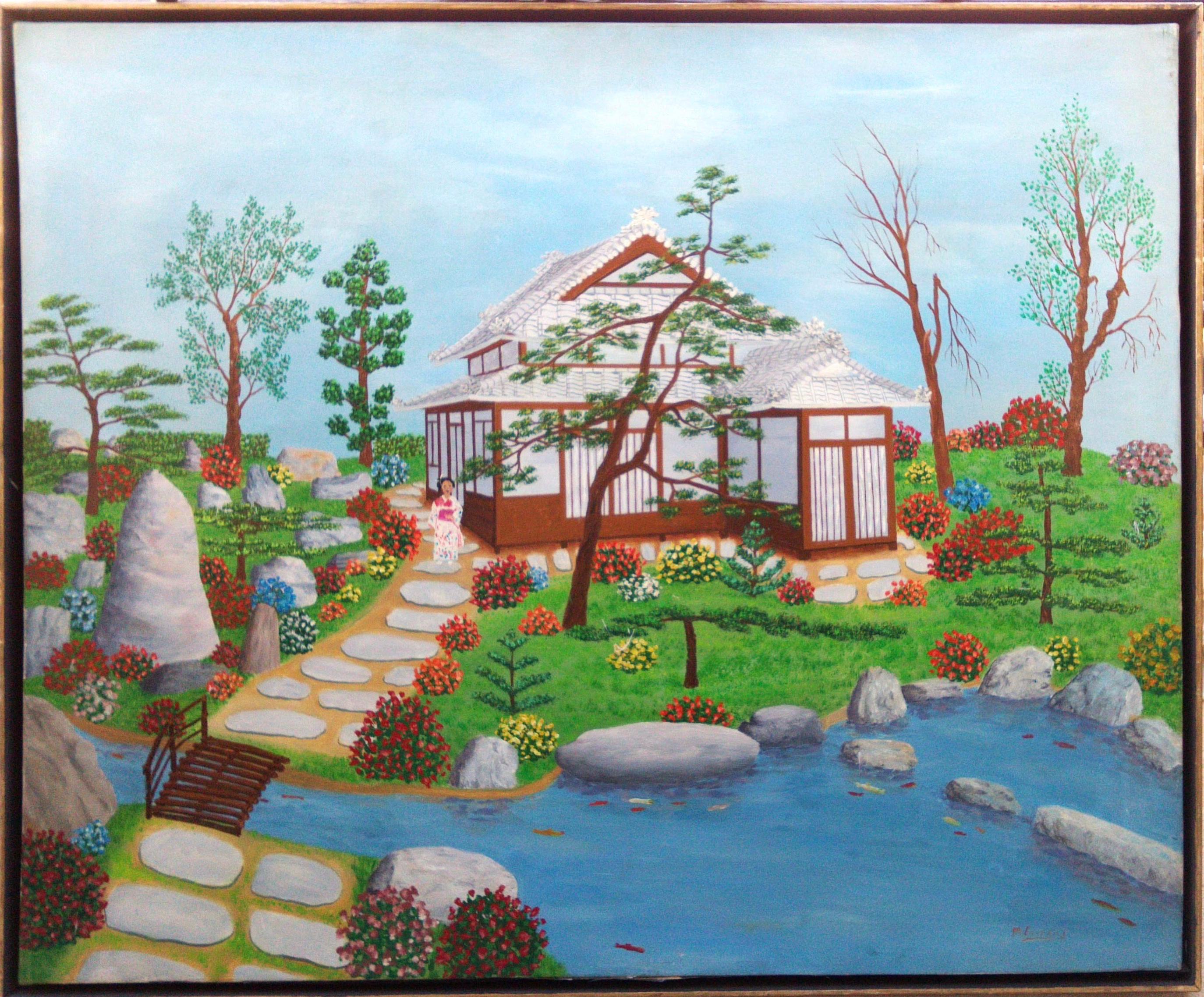 Giardino giapponese del Giappone di un artista francese naïf outsider di arte popolare primitiva, 1975 - Painting di Maurice Loirand