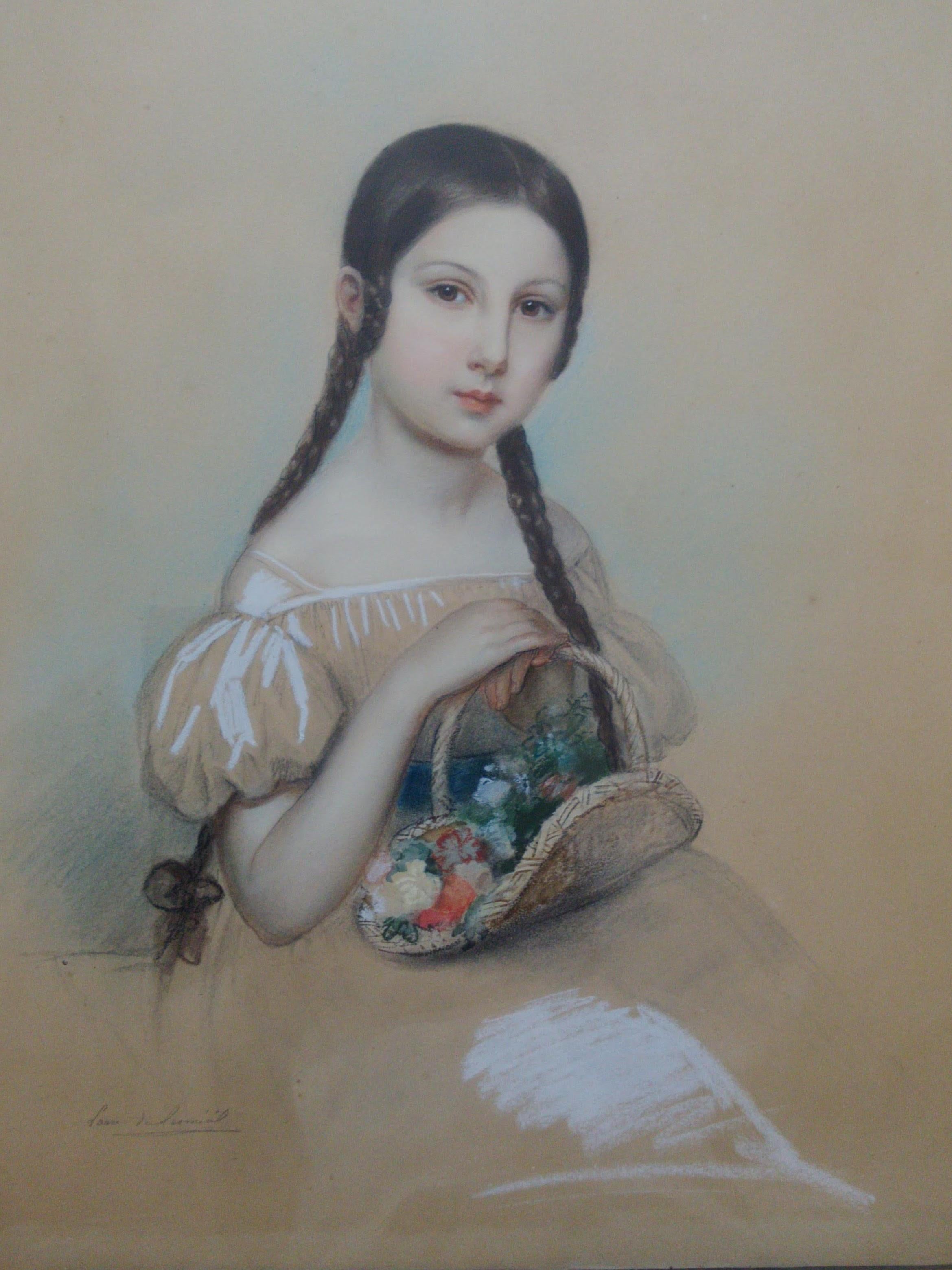 Laure Houssaye de Leomenil Portrait Painting - 19th Century royal portraitist de Leomenil: Little Girl with Flower Basket