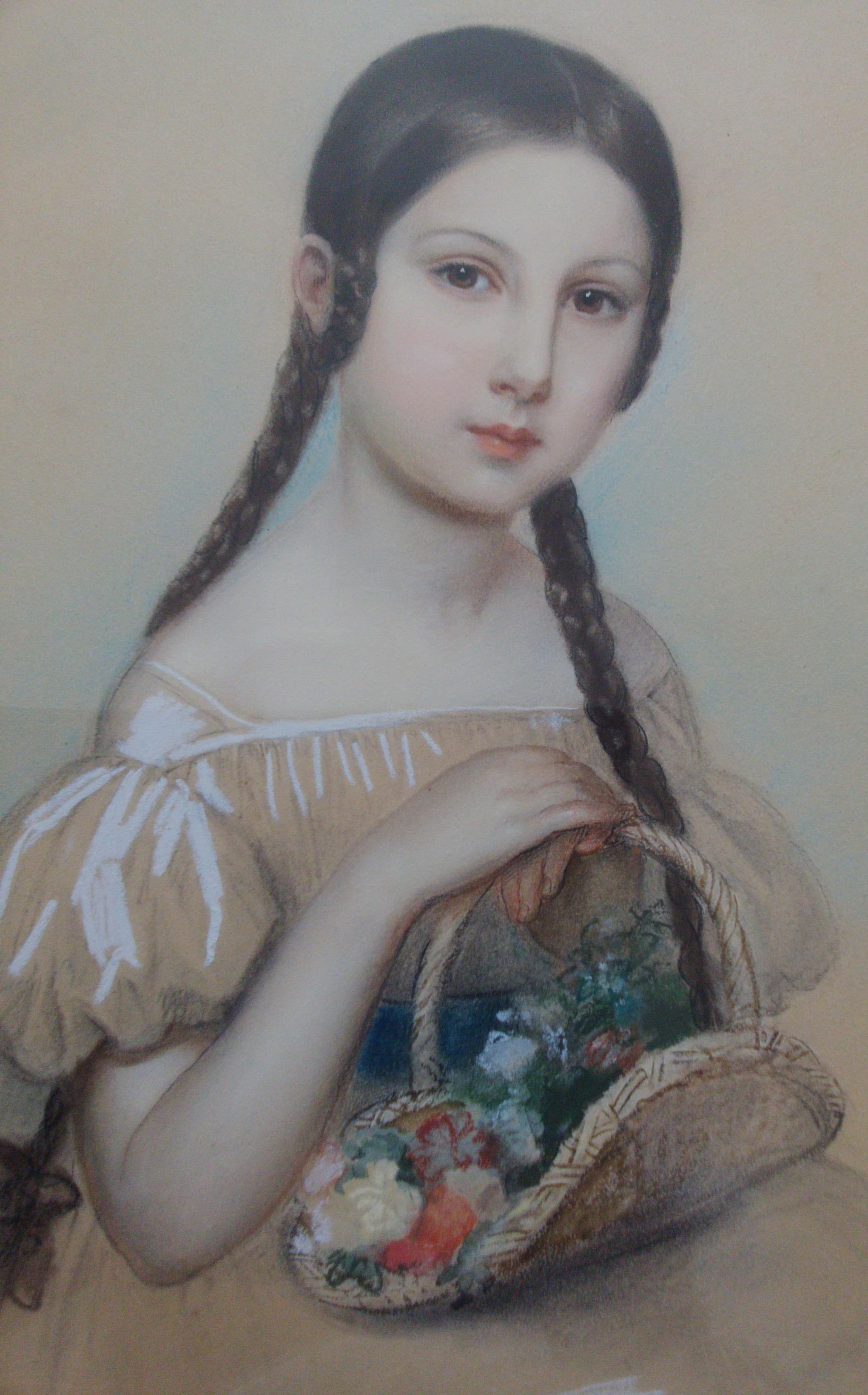19th Century royal portraitist de Leomenil: Little Girl with Flower Basket - Academic Painting by Laure Houssaye de Leomenil