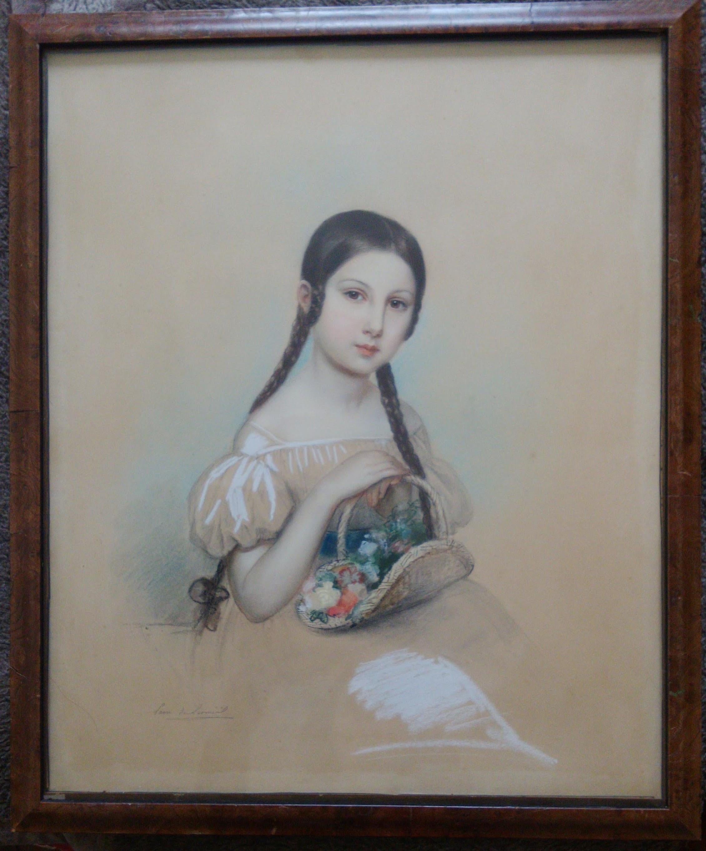 19th Century royal portraitist de Leomenil: Little Girl with Flower Basket - Gray Portrait Painting by Laure Houssaye de Leomenil