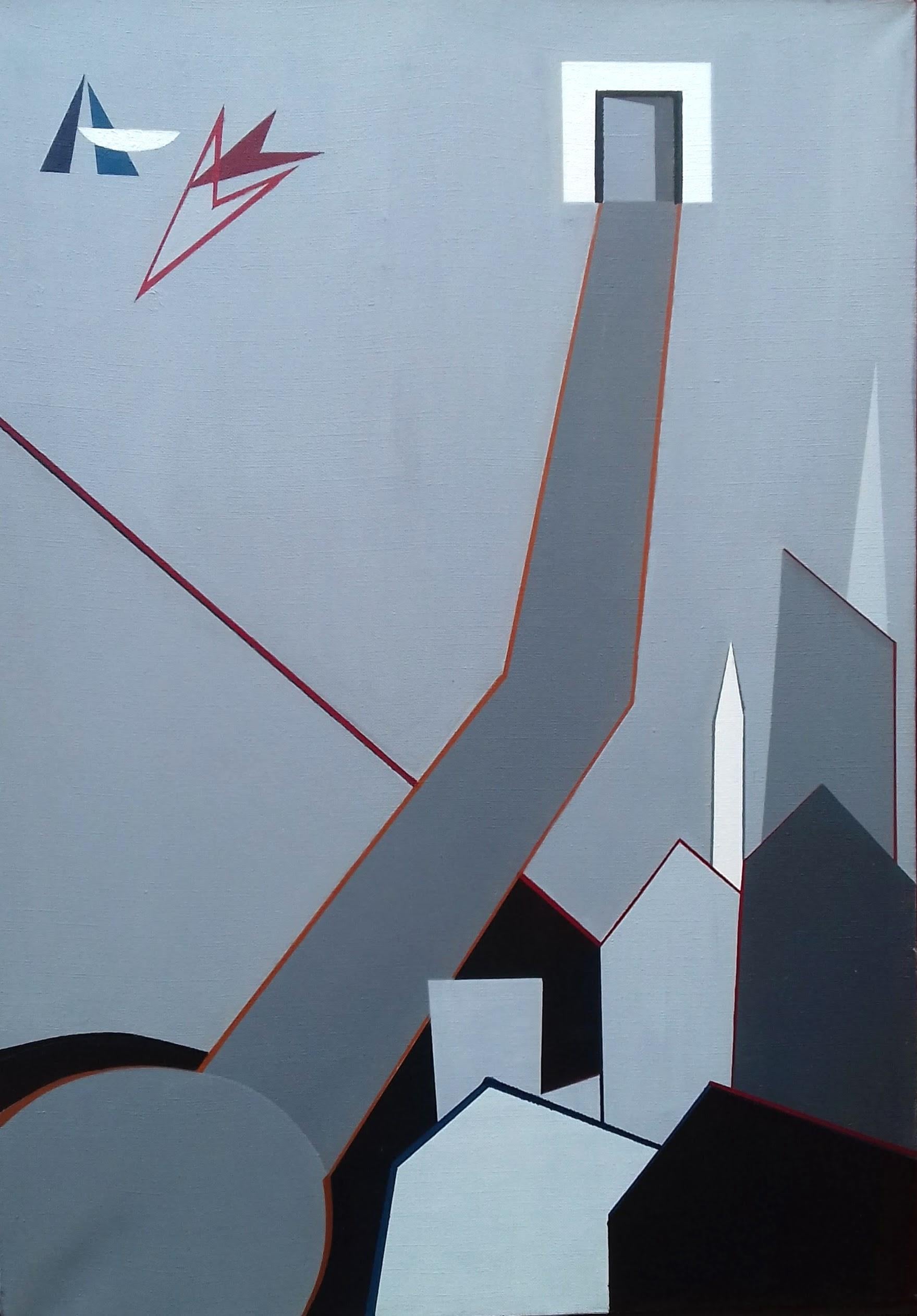 Abstraktes graues und rotes modernistisches französisches Stadtbild: (Grau), Figurative Painting, von Bernard Coolen