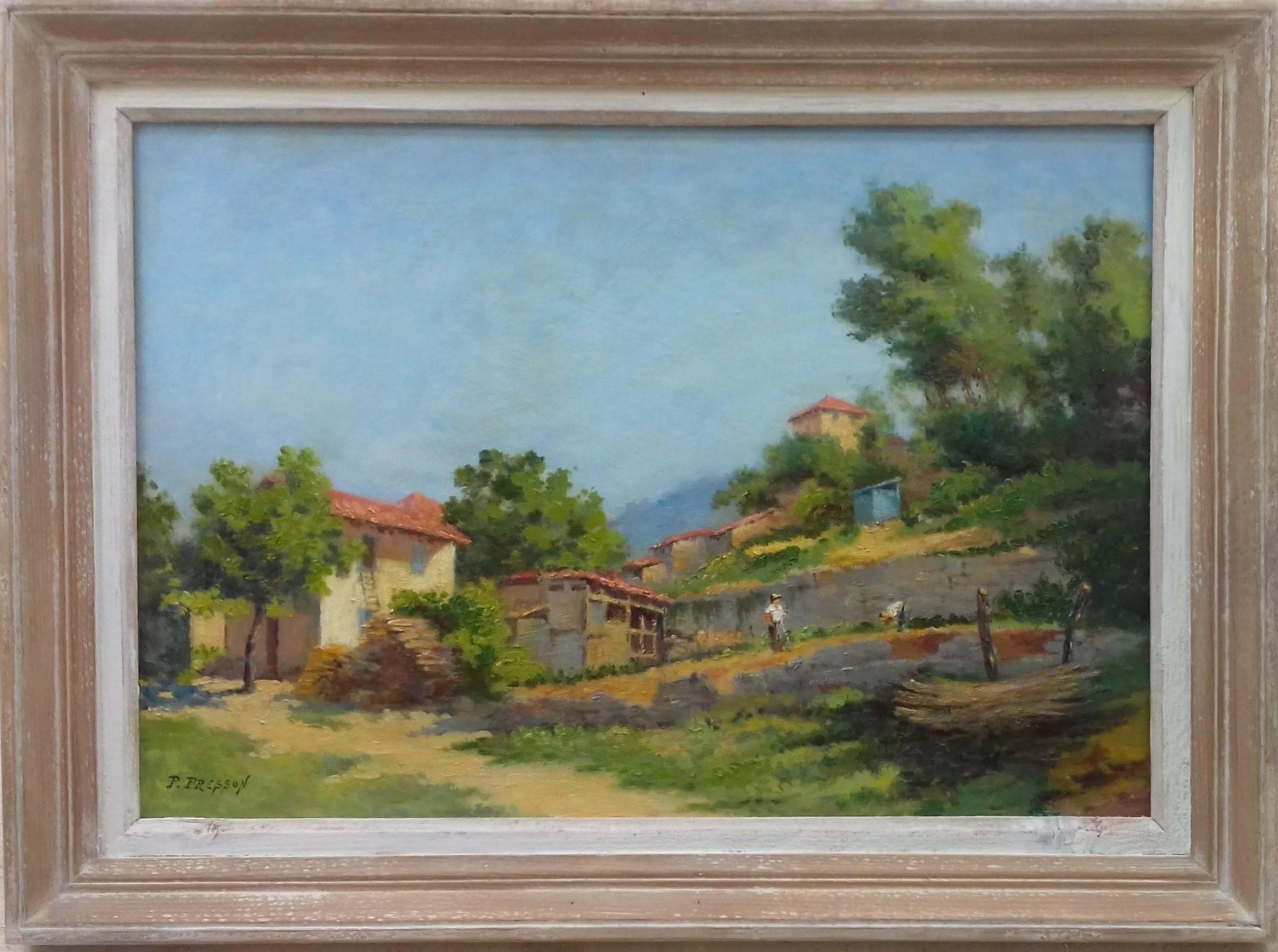 French sunny South of France France Provence farmhouse painting gardening scene - Painting by Pol Presson
