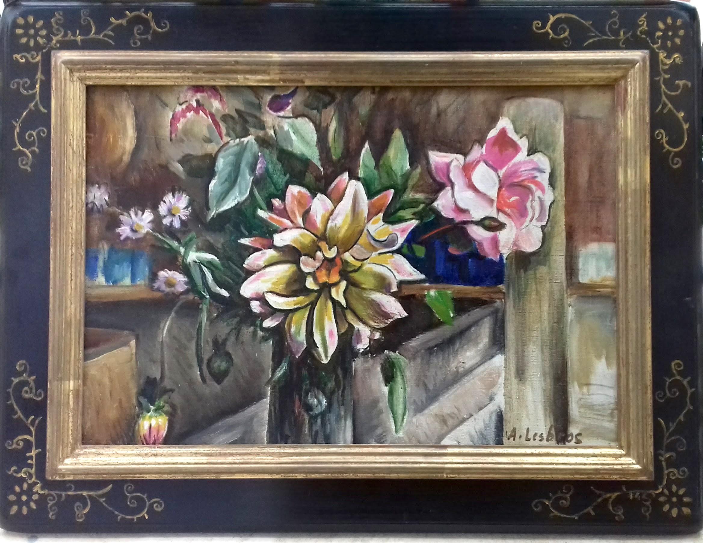 French Modernist Cubist Floral Still Life, Artist's studio art deco Flowers  - Painting by Alfred Lesbros