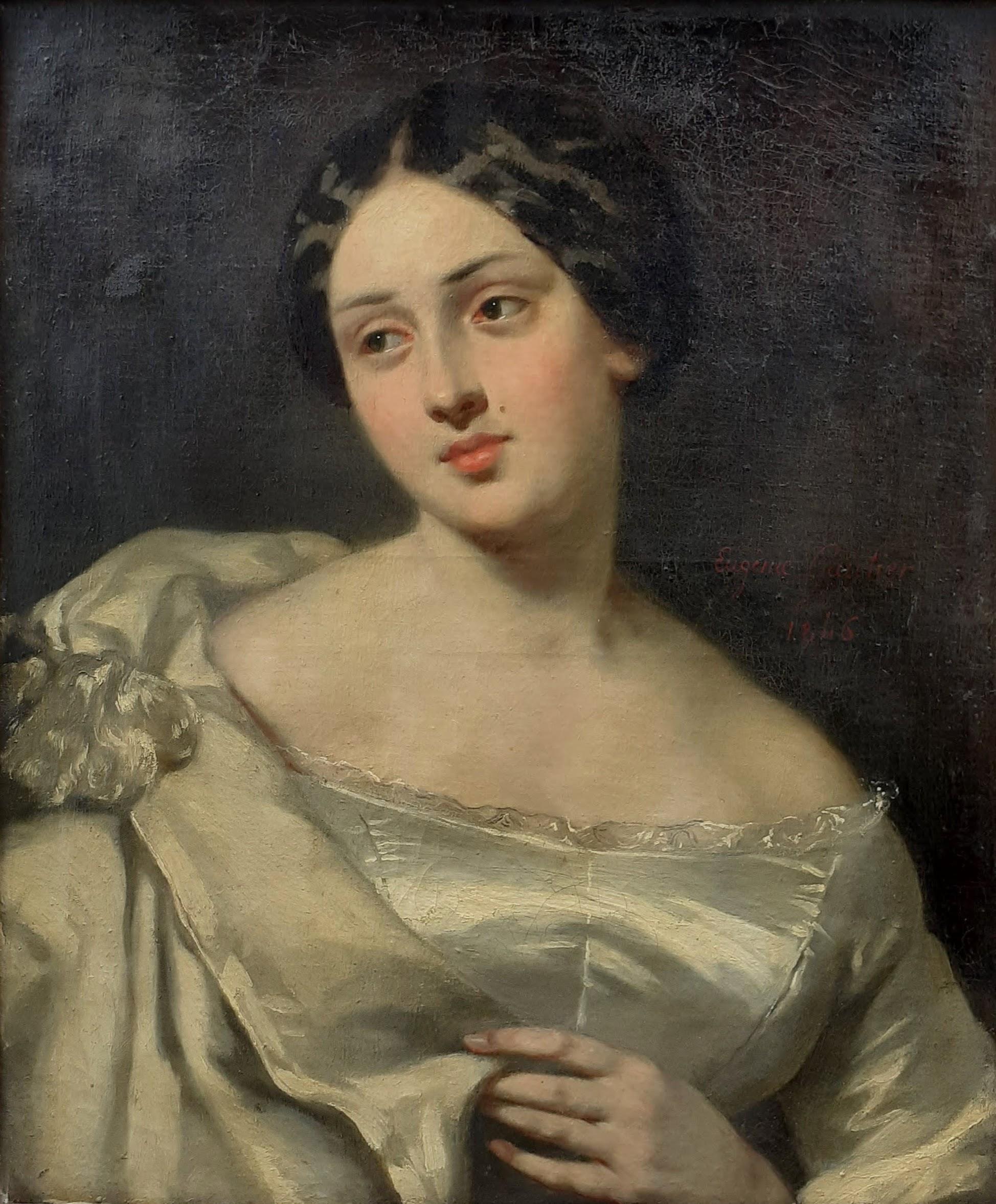 The Ivory Gown, Young aristocratic young lady French romanticist woman portrait  - Painting by Eugenie Gautier