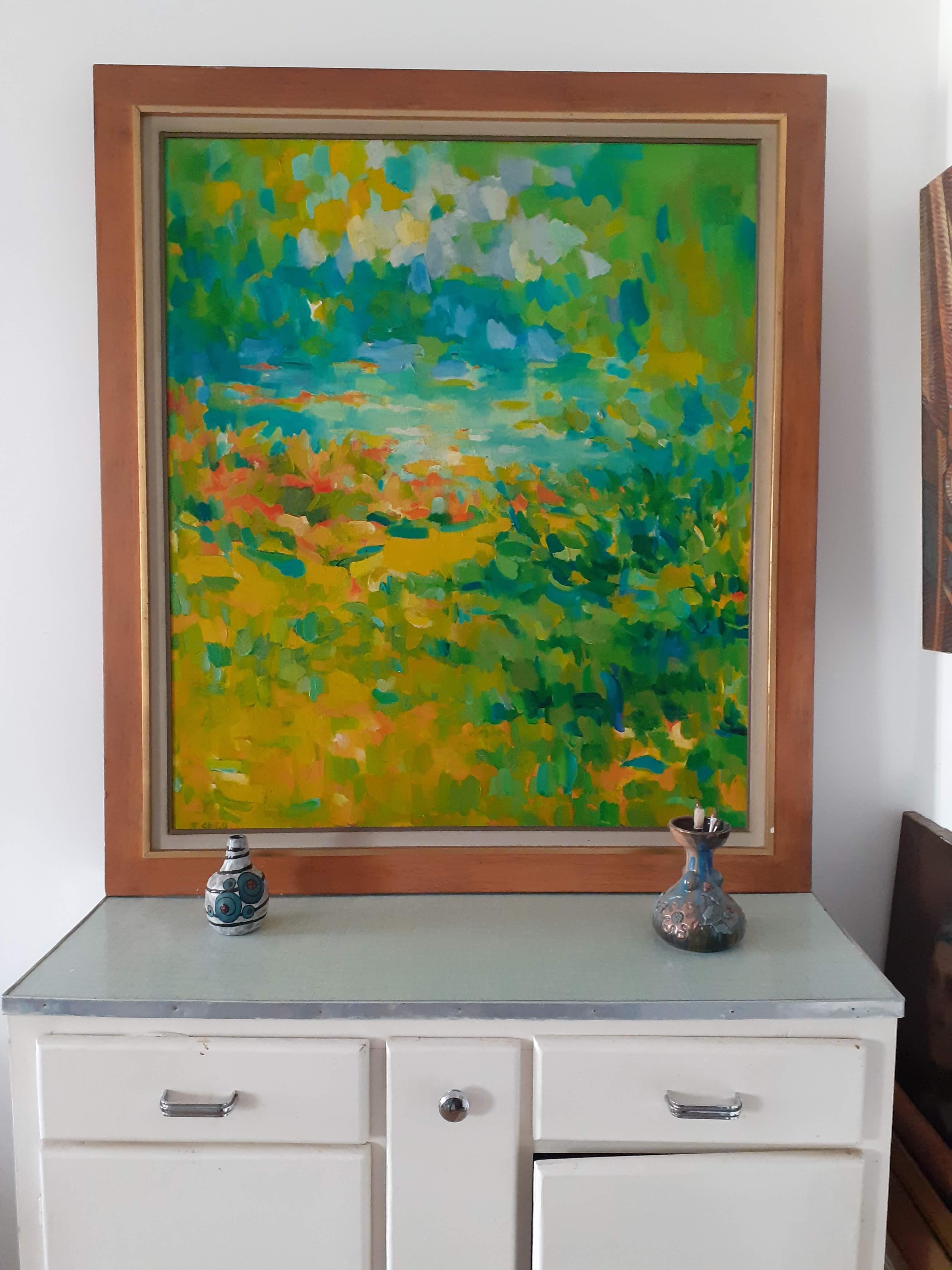 Huge colorful semi abstract mid century landscape large American oil painting  - Green Abstract Painting by Fred Staloff