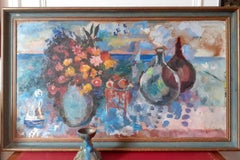 Huge colorful seascape and flowers, large American mid century oil painting