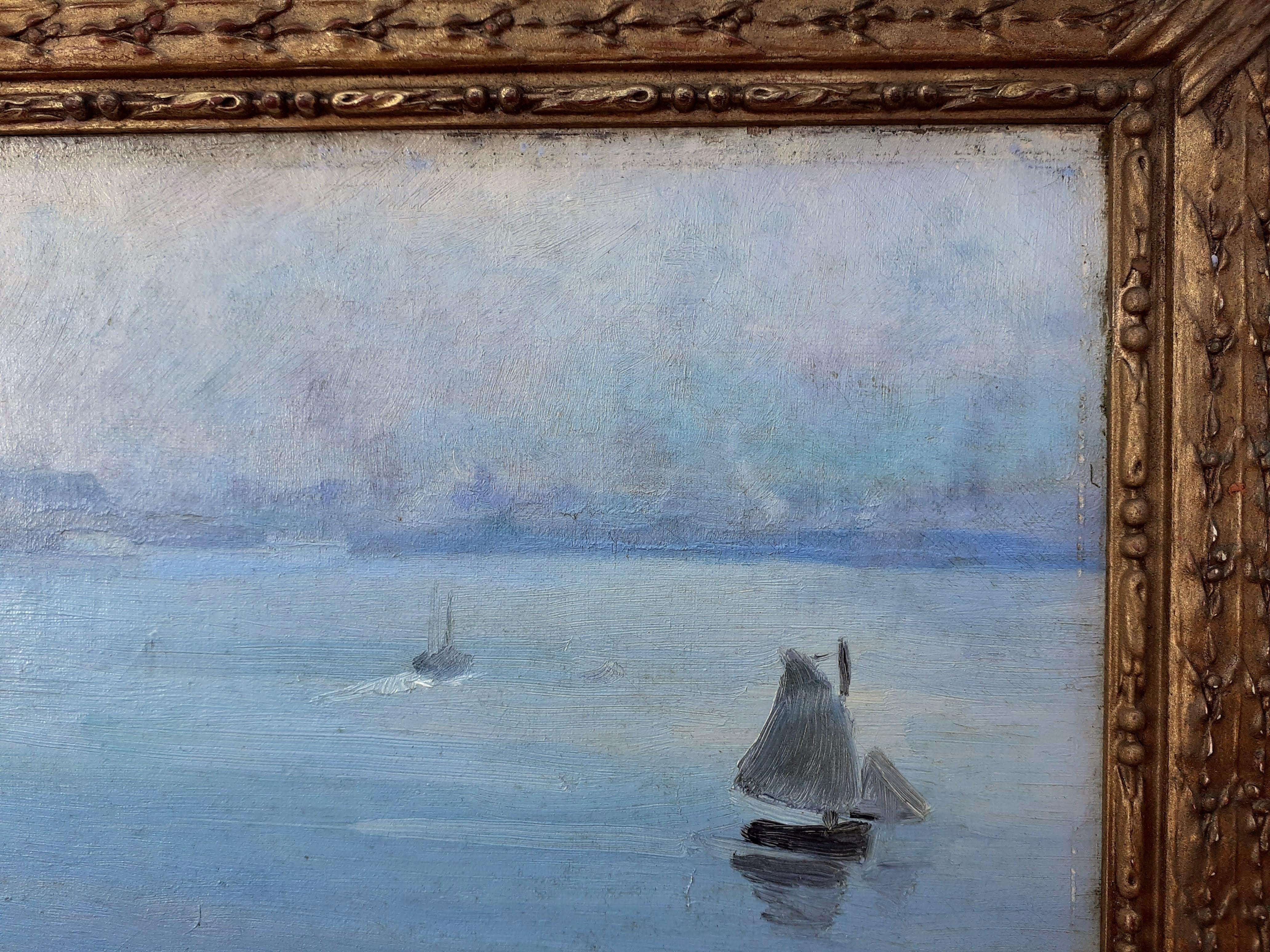 Élève de Claude Monet femme artiste impressionniste paysage marin peinture à l'huile - Gris Landscape Painting par Madeleine Fleury