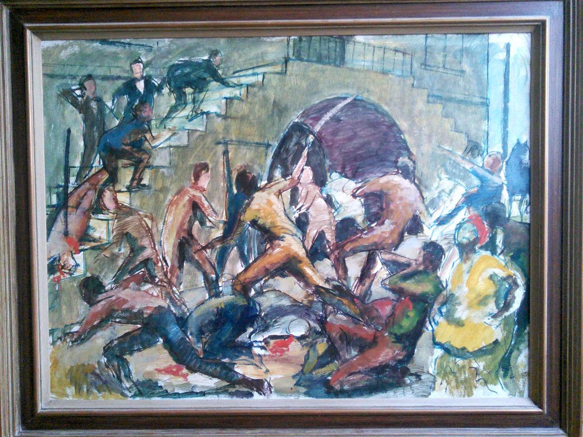 Uprising - a huge and  incredibly powerful and topical painting by Jamaican master painter Barrington Watson (1931-2016). 
It depicts the 1865  Morant Bay rebellion, where Jamaicans were protesting injustice and widespread poverty. Most