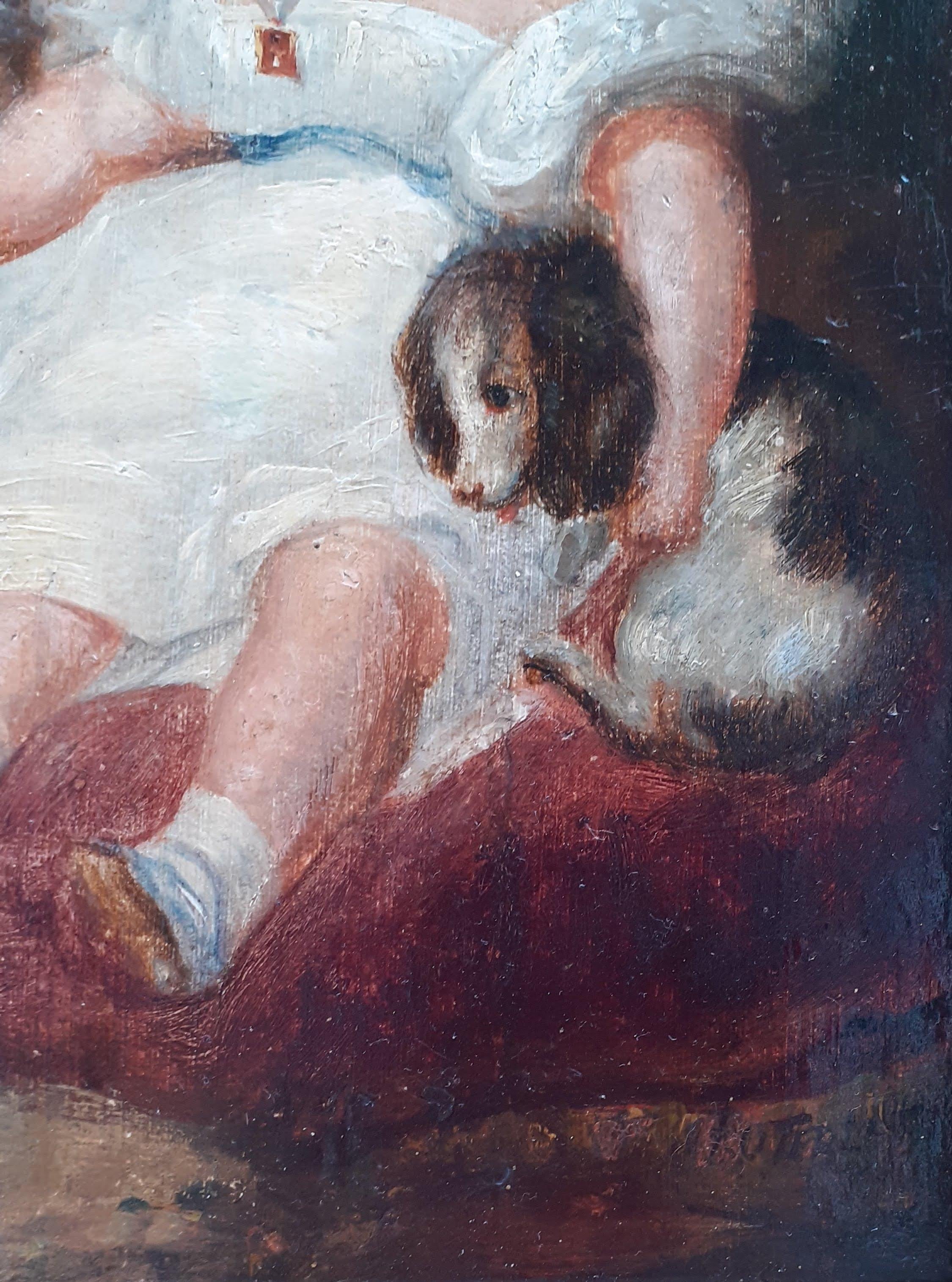 Escena familiar, niños perro y cachorro, pintura francesa del amigo prodigio de Delacroix - Painting Académico de Hippolyte Poterlet