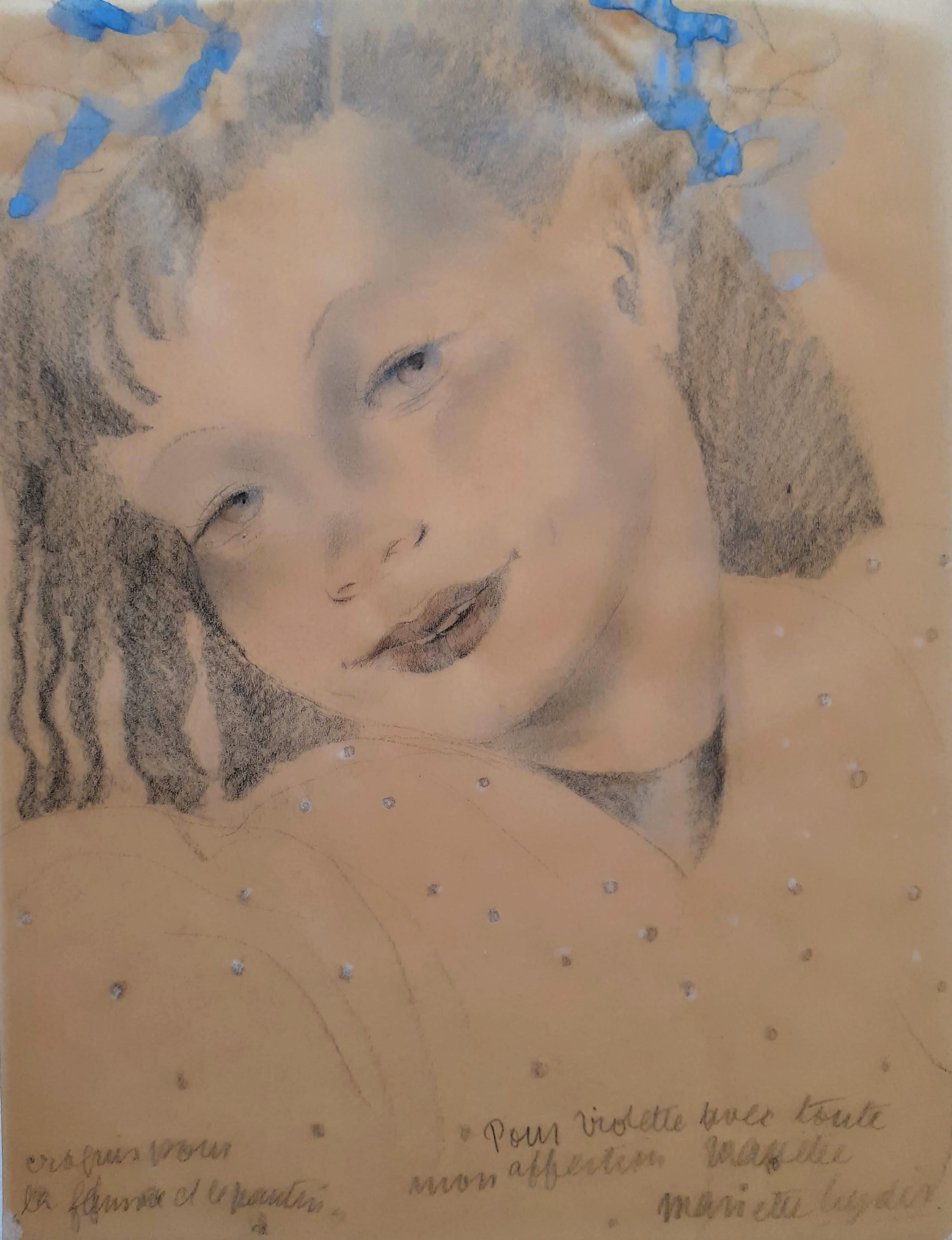 Figurative Art Mariette Lydis - Jeune fille Art Déco des années 1930 avec des rubans dans les cheveux : illustration de livre de dessin français
