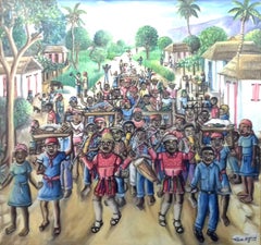 Large colourful Rara Vaudoo Parade by Haitian Master outsider painting Haiti