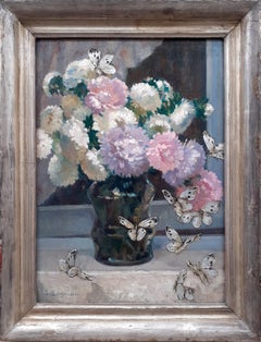 Antique Flowers and Butterflies: French art nouveau floral still life oil painting