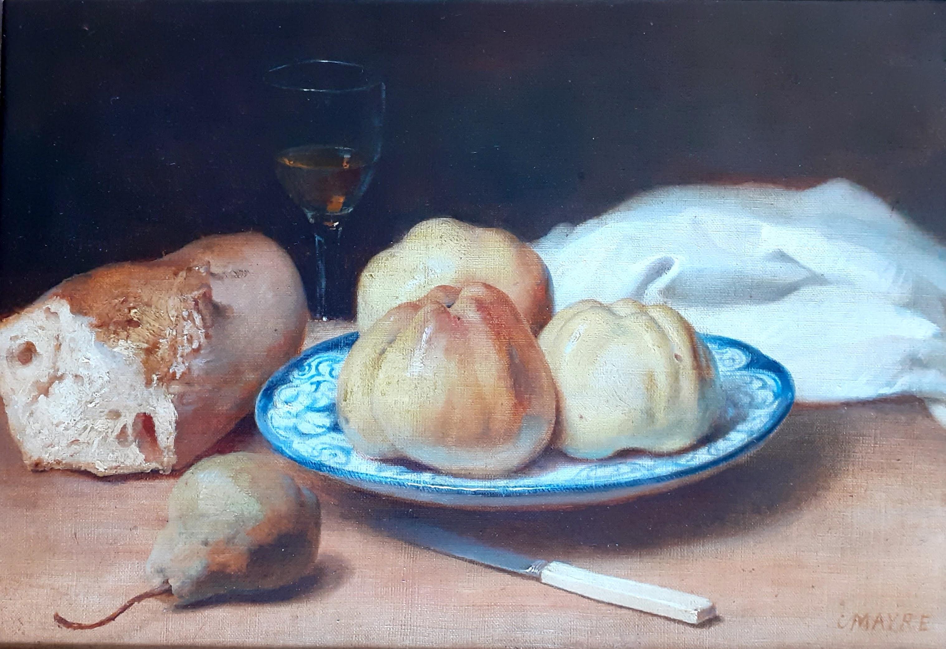 Rustikales Äpfel- und Brotstillleben, französischer Salon, Antike, Akademisches Gemälde   – Painting von Charles Mayre 