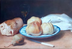 Rustic Apples and Bread Food Still Life French Salon Academic Antique Painting