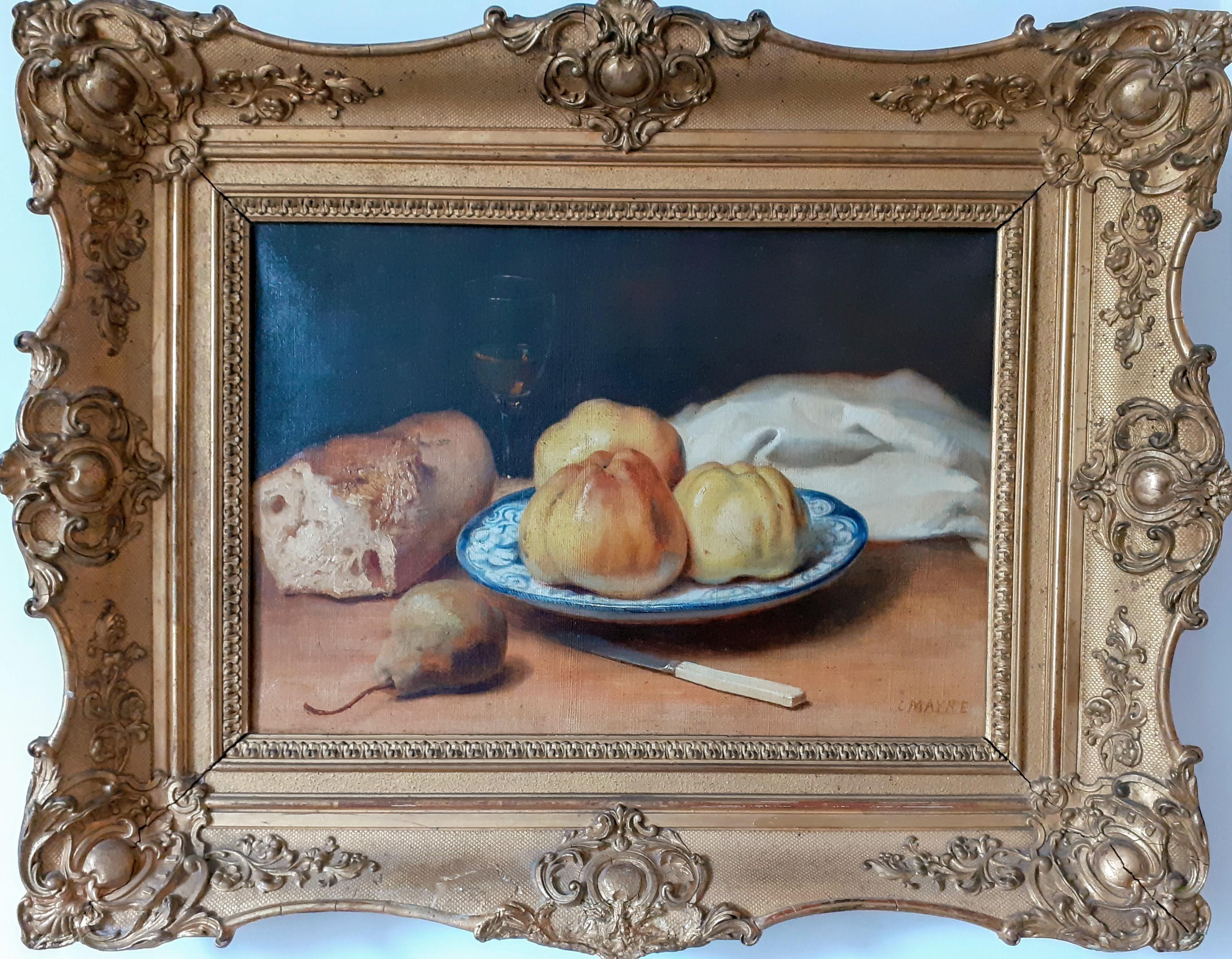 Rustikales Äpfel- und Brotstillleben, französischer Salon, Antike, Akademisches Gemälde   (Braun), Still-Life Painting, von Charles Mayre 