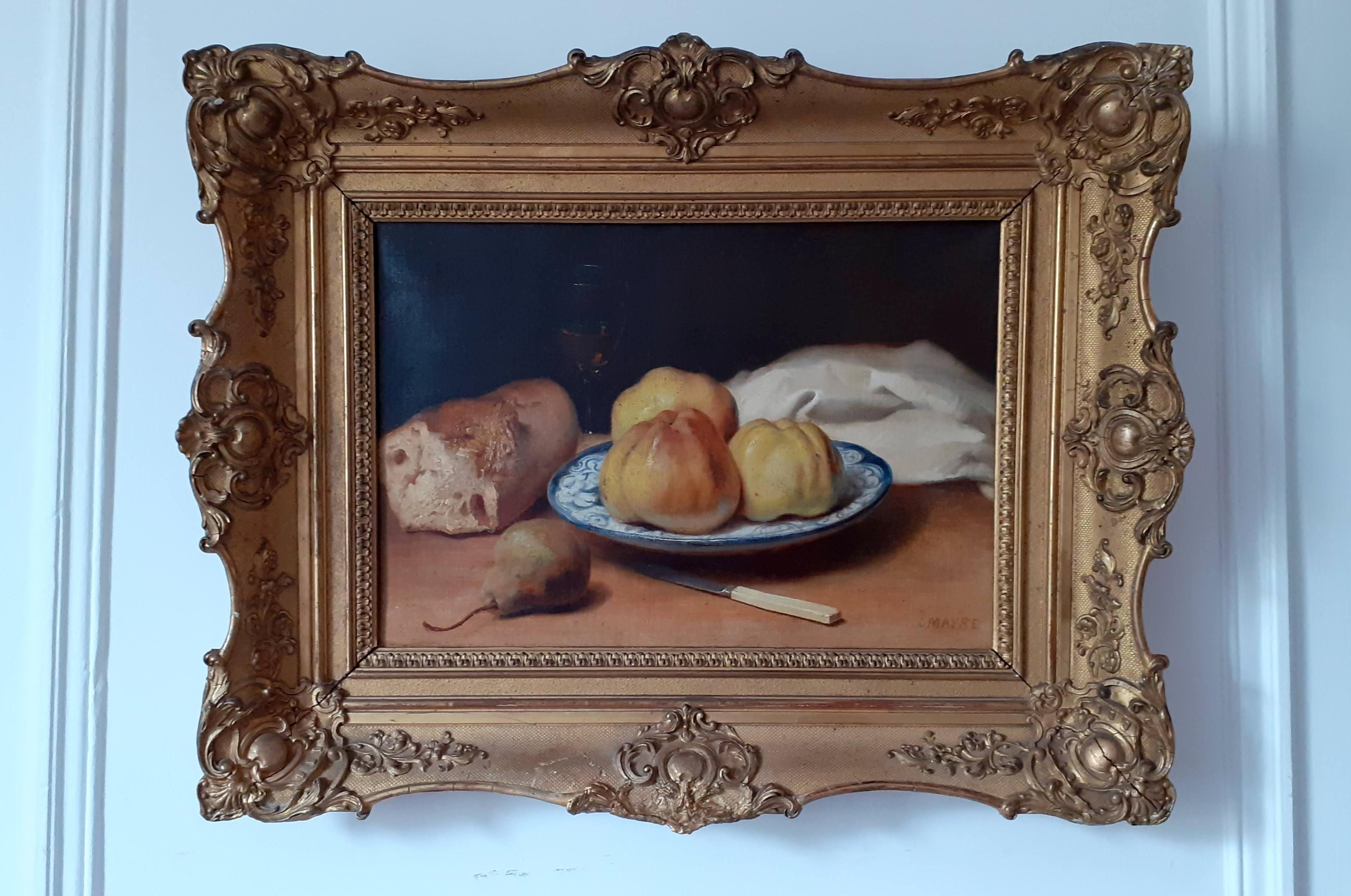Rustic Apples and Bread Food Still Life French Salon Academic Antique Painting - Brown Still-Life Painting by Charles Mayre 
