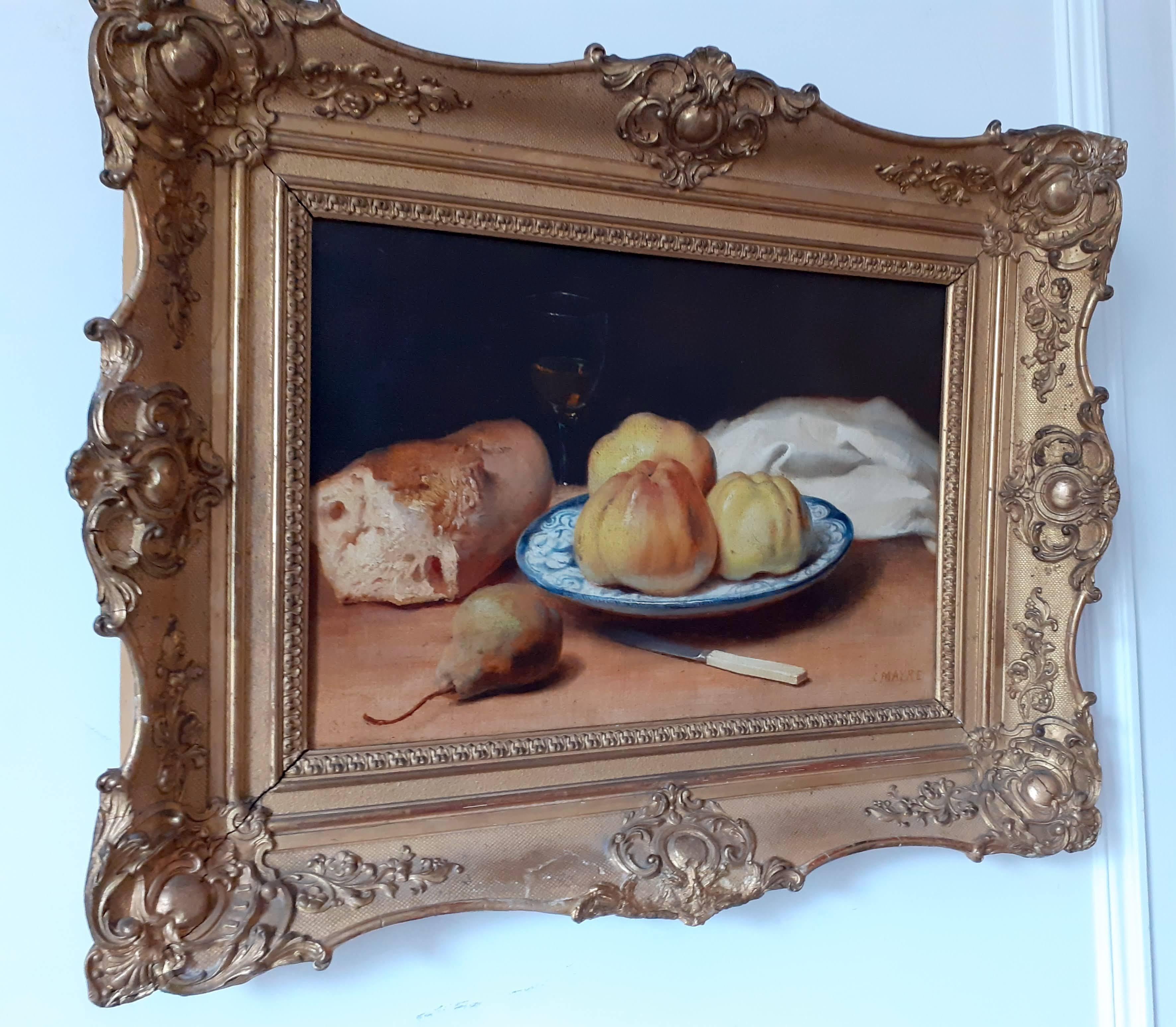 Rustic Apples and Bread Food Still Life French Salon Academic Antique Painting   For Sale 2