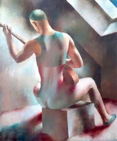 Art Deco male athlete harlequin with guitar by deaf artist cubist painting