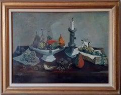 Grande peinture d'intérieur moderniste du milieu du siècle - Nature morte - Poires et raisins 